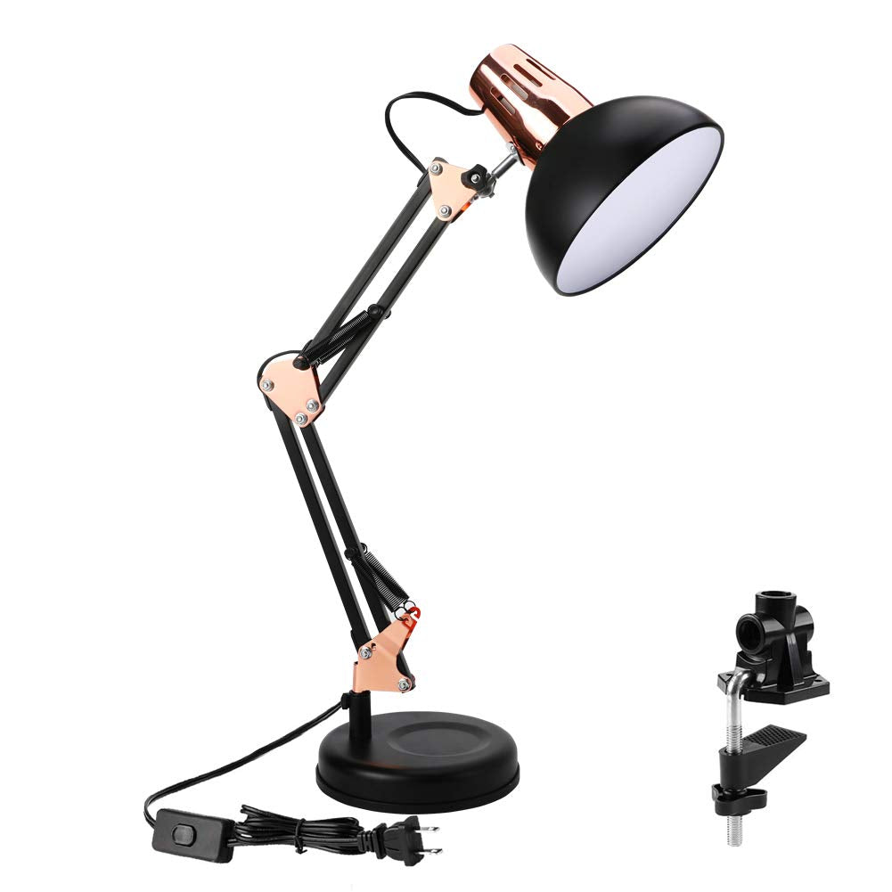 PowerKing Metal Swing Arm Desk Lamps, Adjustable and Flexible, Feading with Base and Clip 2-in-1 Function, Fit E26&E27 Bulbs Base, Application in Bedroom Living Room, Office Home (Black)