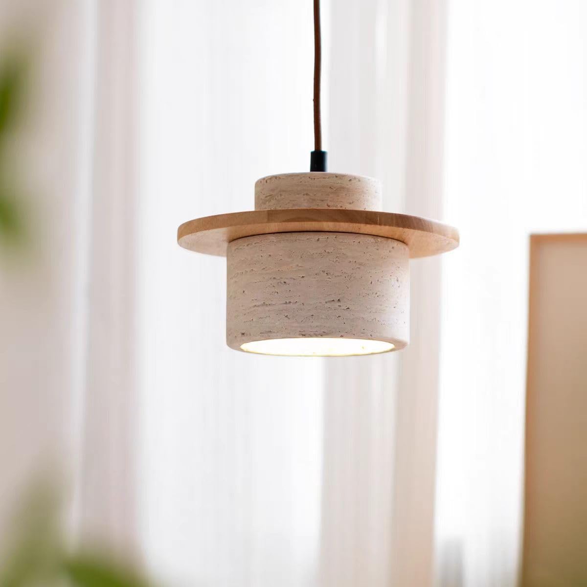 Japanese Wabi Sabi Pendant Light Nordic Natural Stone Chandeliers Concrete Simple Light Fixture for Dining Room Bedside Kitchen Island Hallway（Wood Color
