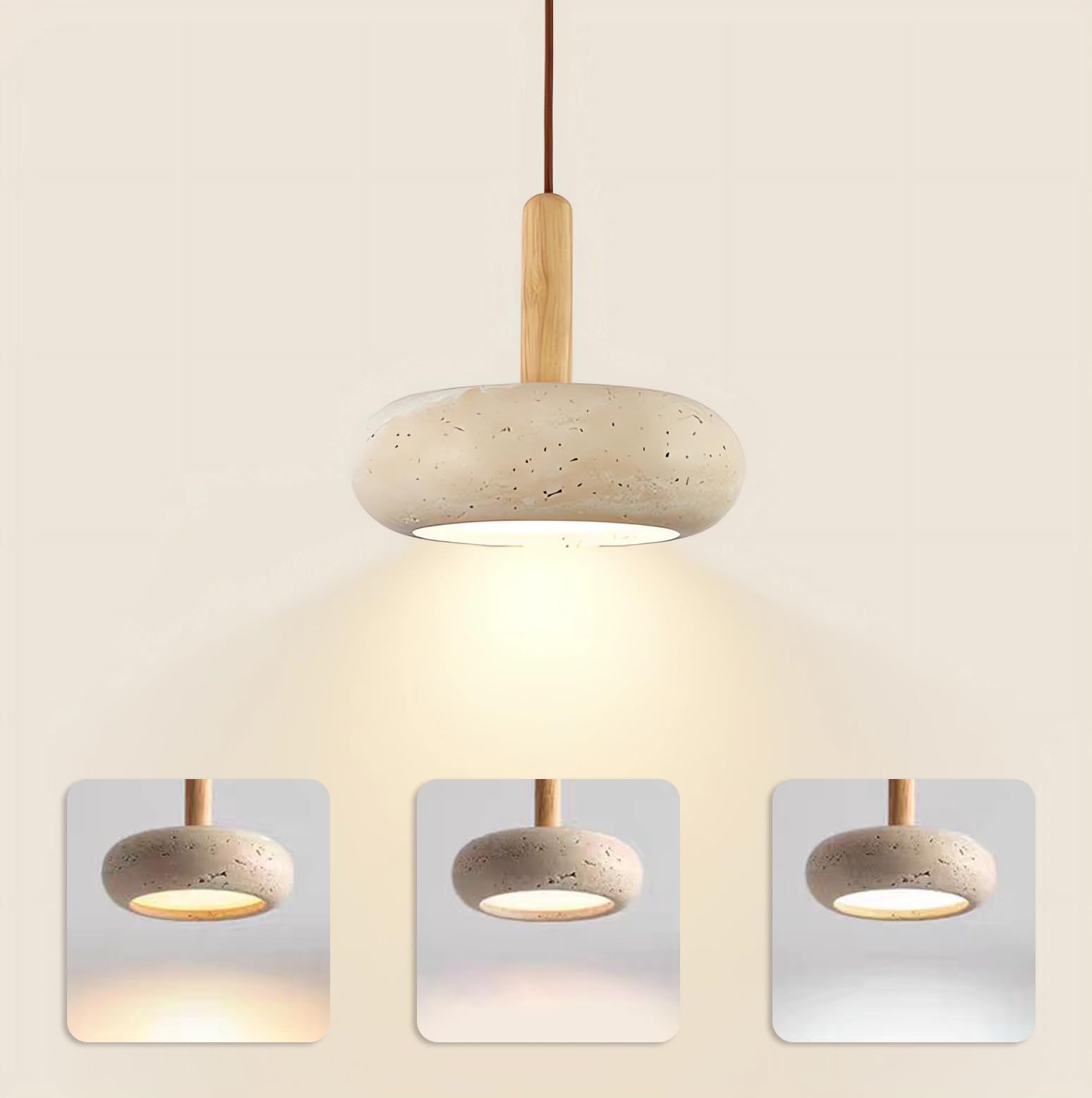 Japanese Wabi sabi Pendant Light with Natural Stone Shade, Dimmable Modern Wood Hanging Lamp Fixture, Adjustable Height Pendant Lamp for Bedroom, Kitchen Island, Dining Room, Restaurant, Cafe, Bar (B)