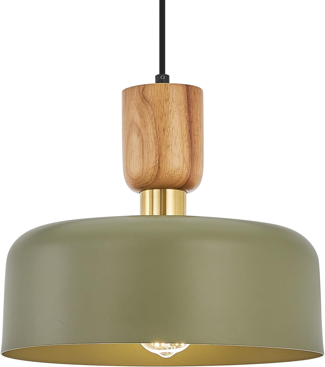 Contemporary Pendant Lighting,12 inch Pendant Lamp,Wood and Brass Accent,Adjustable Metal Hanging Light Fixture for Kitchen, Dining Room, Green