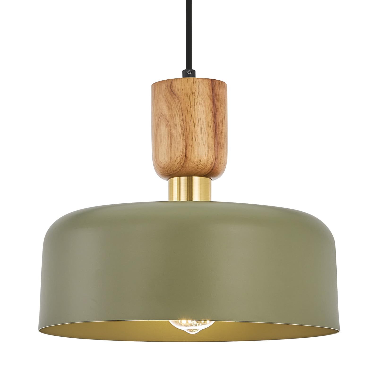 Contemporary Pendant Lighting,12 inch Pendant Lamp,Wood and Brass Accent,Adjustable Metal Hanging Light Fixture for Kitchen, Dining Room, Green