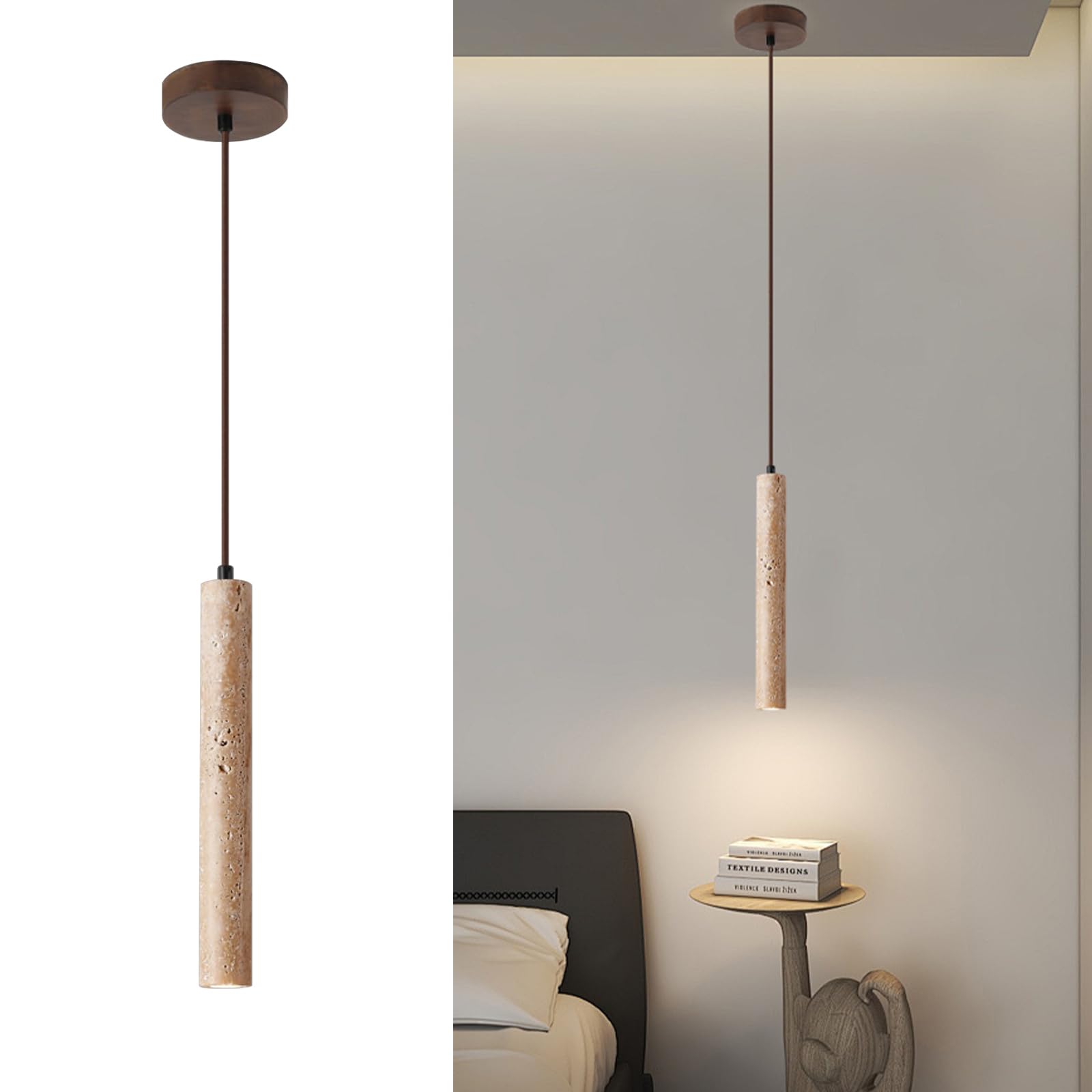 Japanese Wabi sabi Pendant Light with Natural Stone Shade, Dimmable Modern Wood Hanging Lamp Fixture, Adjustable Height Pendant Lamp for Bedroom, Kitchen Island, Dining Room, Restaurant, Cafe, Bar (B)