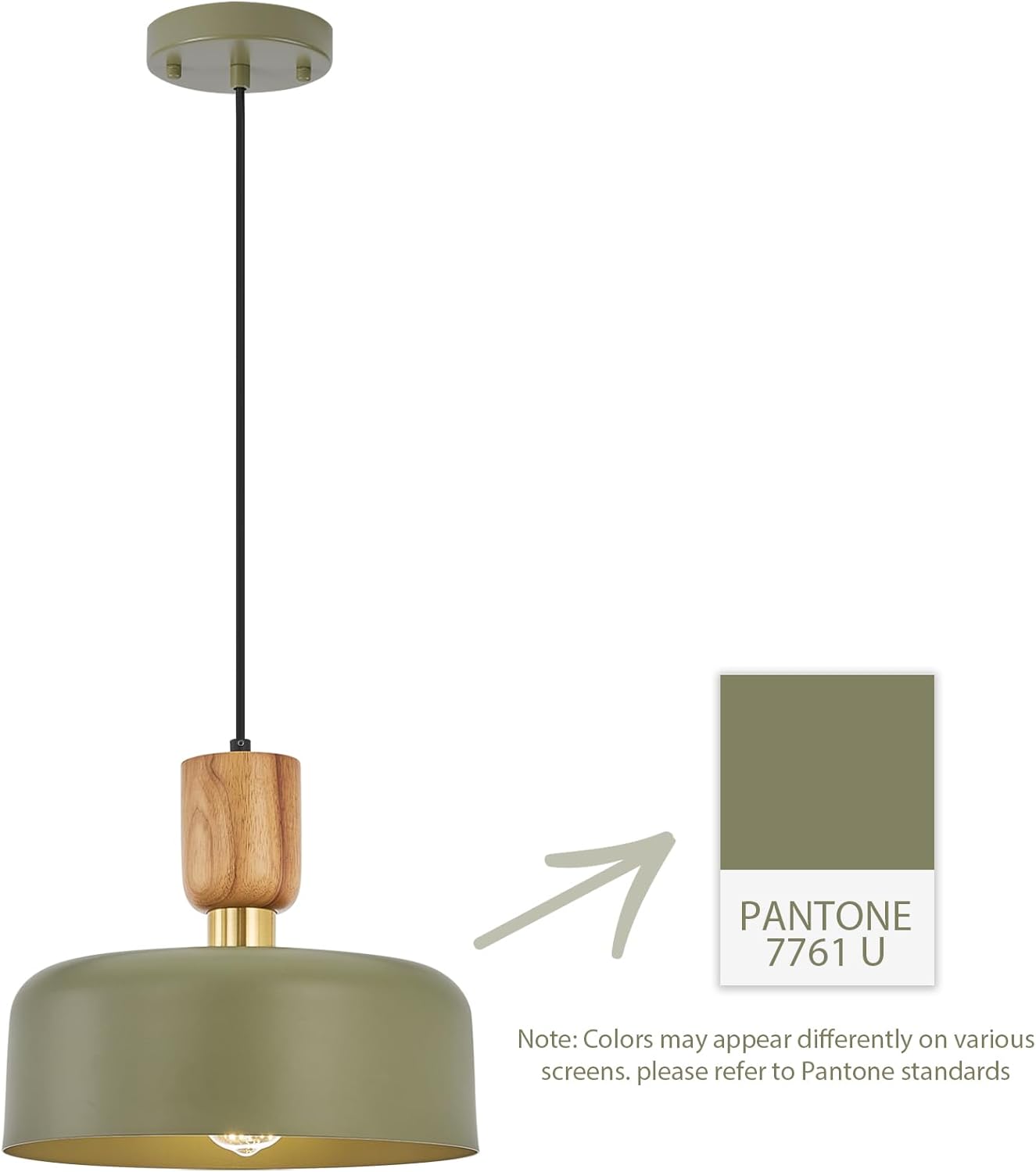 Contemporary Pendant Lighting,12 inch Pendant Lamp,Wood and Brass Accent,Adjustable Metal Hanging Light Fixture for Kitchen, Dining Room, Green