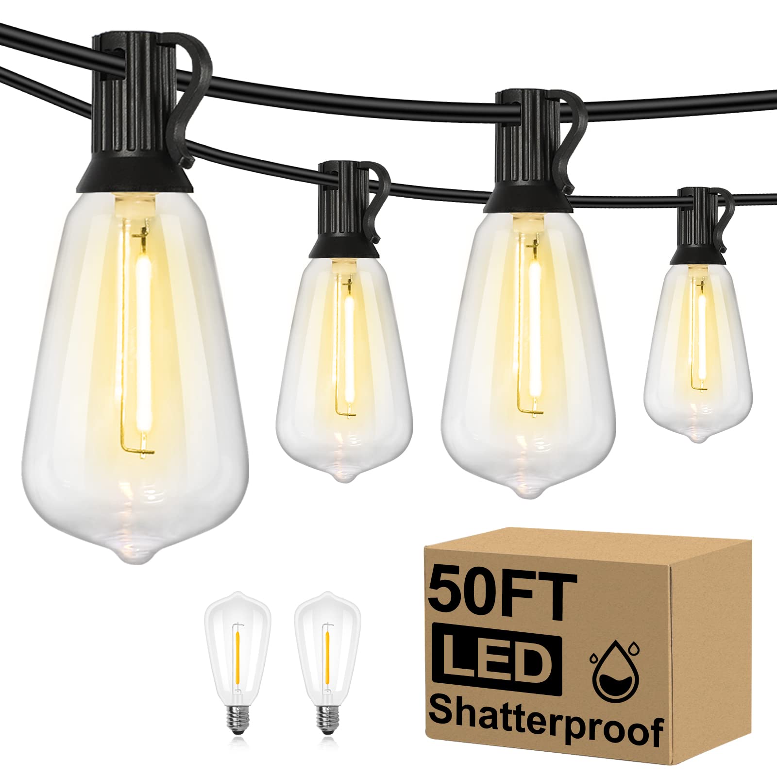 Brightever LED Outdoor String Lights 100FT Patio Lights with 52 Shatterproof ST38 Vintage Edison Bulbs, Outside Hanging Light Waterproof for Porch, Deck, Garden, Backyard, Balcony, 2700K Dimmable