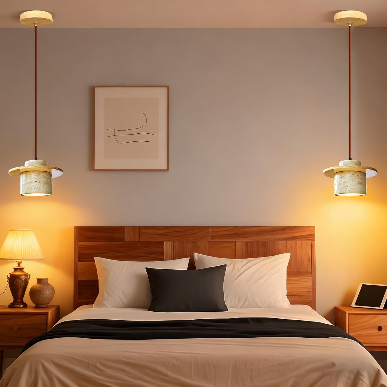 Japanese Wabi sabi Pendant Light with Natural Stone Shade, Dimmable Modern Wood Hanging Lamp Fixture, Adjustable Height Pendant Lamp for Bedroom, Kitchen Island, Dining Room, Restaurant, Cafe, Bar (B)