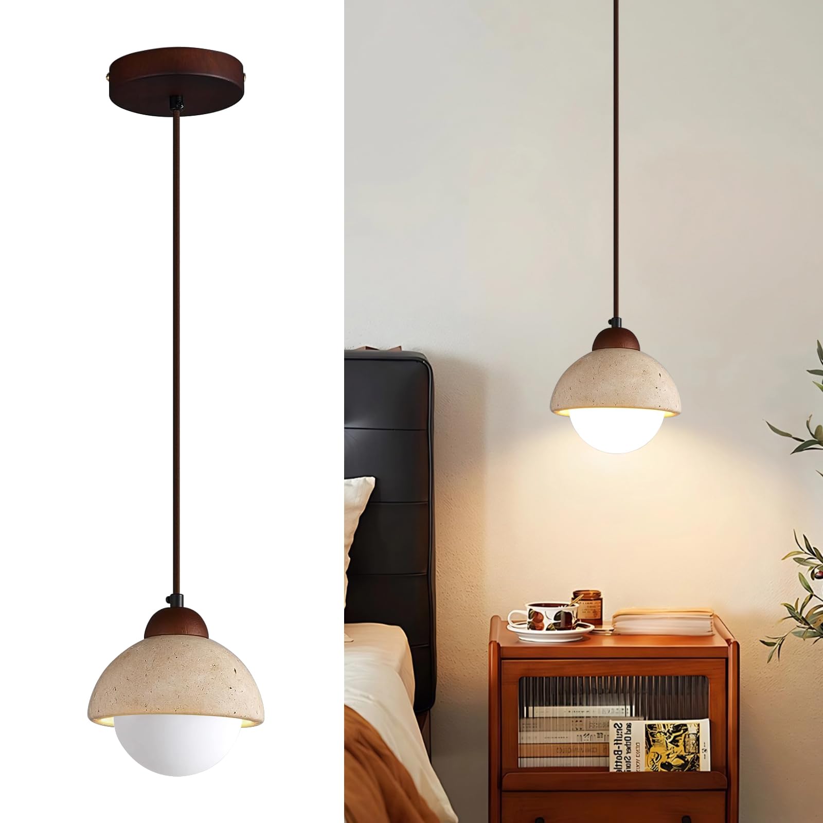Japanese Wabi sabi Pendant Light with Natural Stone Shade, Dimmable Modern Wood Hanging Lamp Fixture, Adjustable Height Pendant Lamp for Bedroom, Kitchen Island, Dining Room, Restaurant, Cafe, Bar (B)