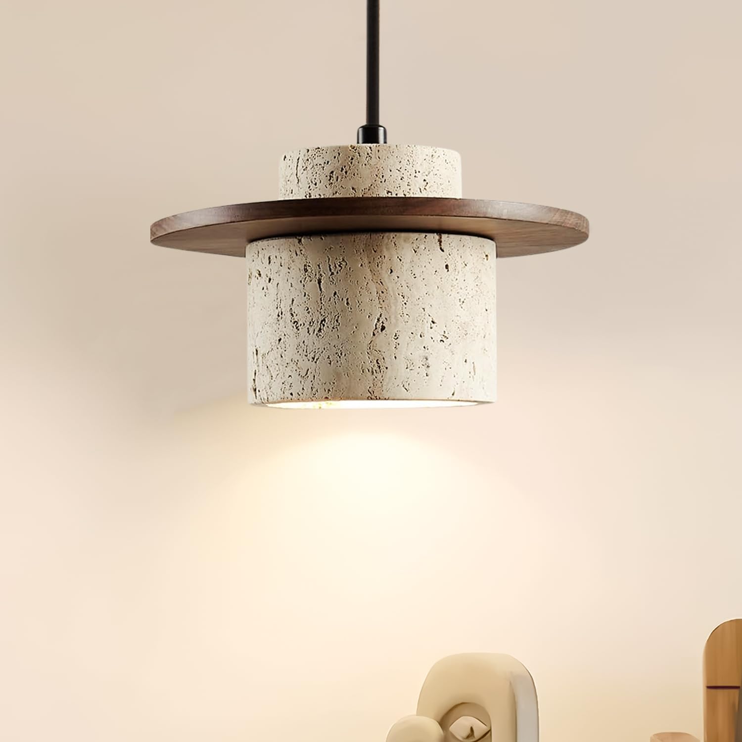 Japanese Wabi Sabi Pendant Light Nordic Natural Stone Chandeliers Concrete Simple Light Fixture for Dining Room Bedside Kitchen Island Hallway（Wood Color