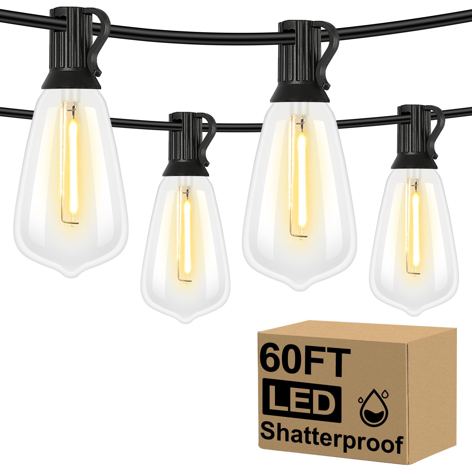 Brightever LED Outdoor String Lights 100FT Patio Lights with 52 Shatterproof ST38 Vintage Edison Bulbs, Outside Hanging Light Waterproof for Porch, Deck, Garden, Backyard, Balcony, 2700K Dimmable