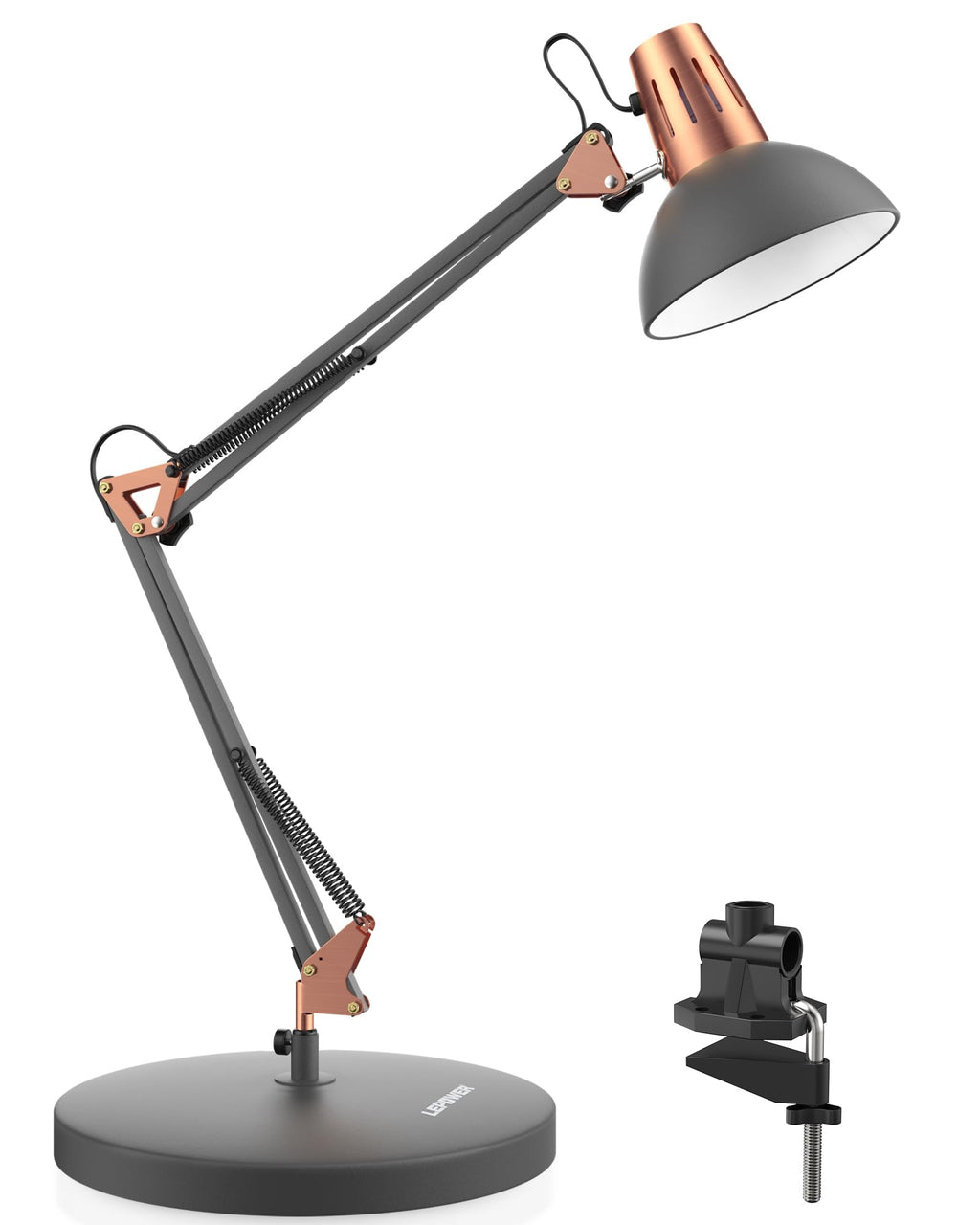 LEPOWER Metal Desk Lamp, Adjustable Goose Neck Architect Table Lamp with On/Off Switch, Swing Arm Desk Lamp with Clamp, Eye-Caring Reading Lamp for Bedroom, Study Room &Office (Black)