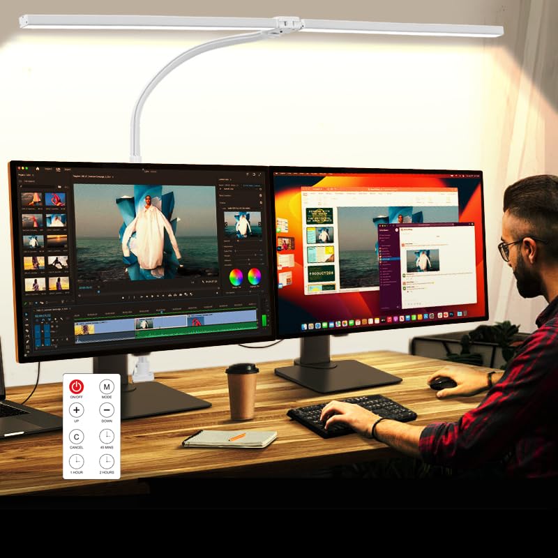 LED Desk Lamp for Office Dorm Home - Eye Caring Desk Light with Timer, Remote Control 24W Brightest Dual Screen Computer Monitor Gooseneck Dimmable Table lamp with Anti-Glare Cover Clamp