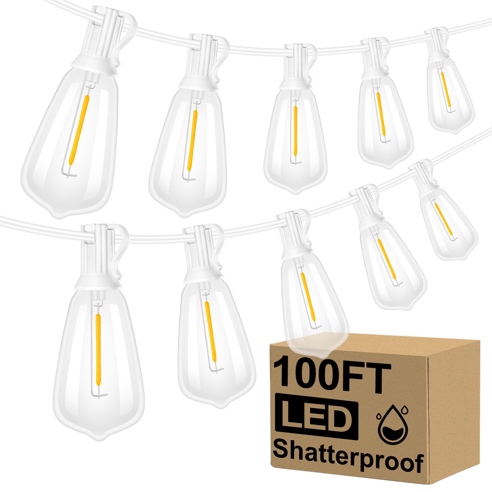 Brightever LED Outdoor String Lights 100FT Patio Lights with 52 Shatterproof ST38 Vintage Edison Bulbs, Outside Hanging Light Waterproof for Porch, Deck, Garden, Backyard, Balcony, 2700K Dimmable