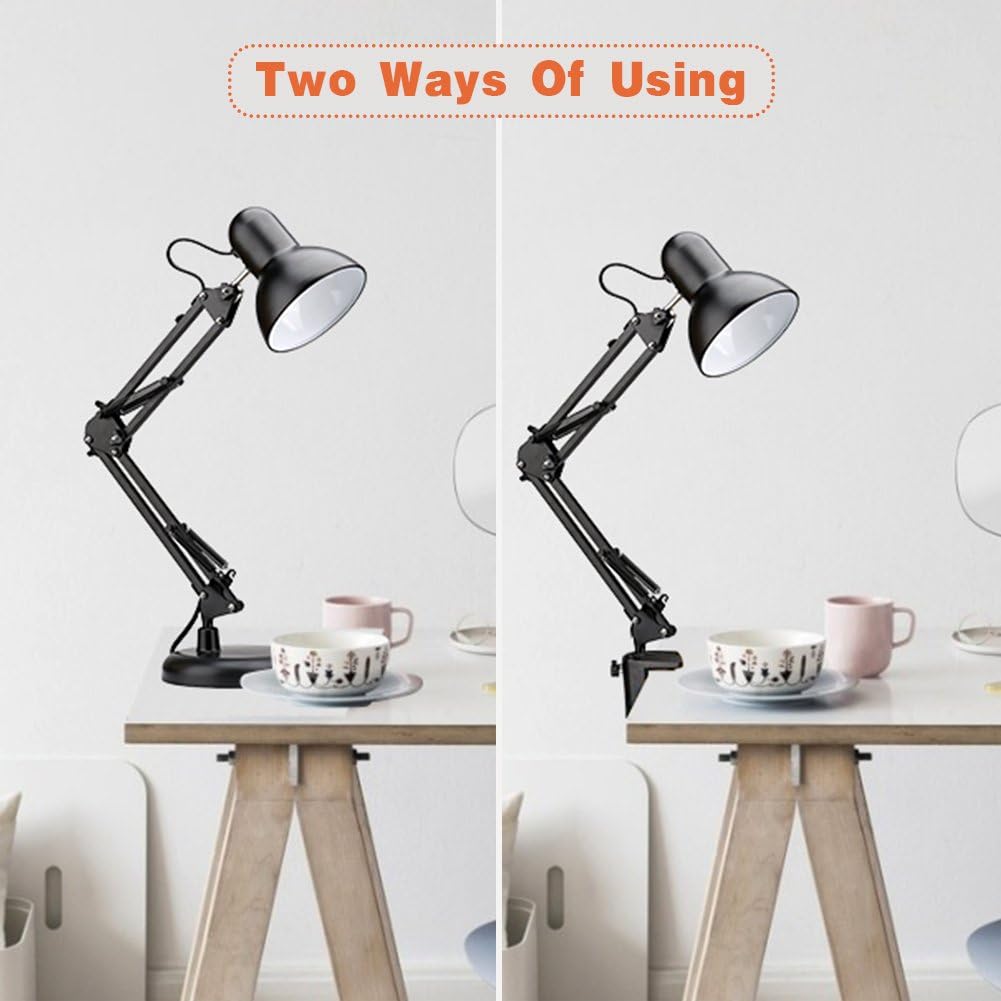 PowerKing Metal Swing Arm Desk Lamps, Adjustable and Flexible, Feading with Base and Clip 2-in-1 Function, Fit E26&E27 Bulbs Base, Application in Bedroom Living Room, Office Home (Black)