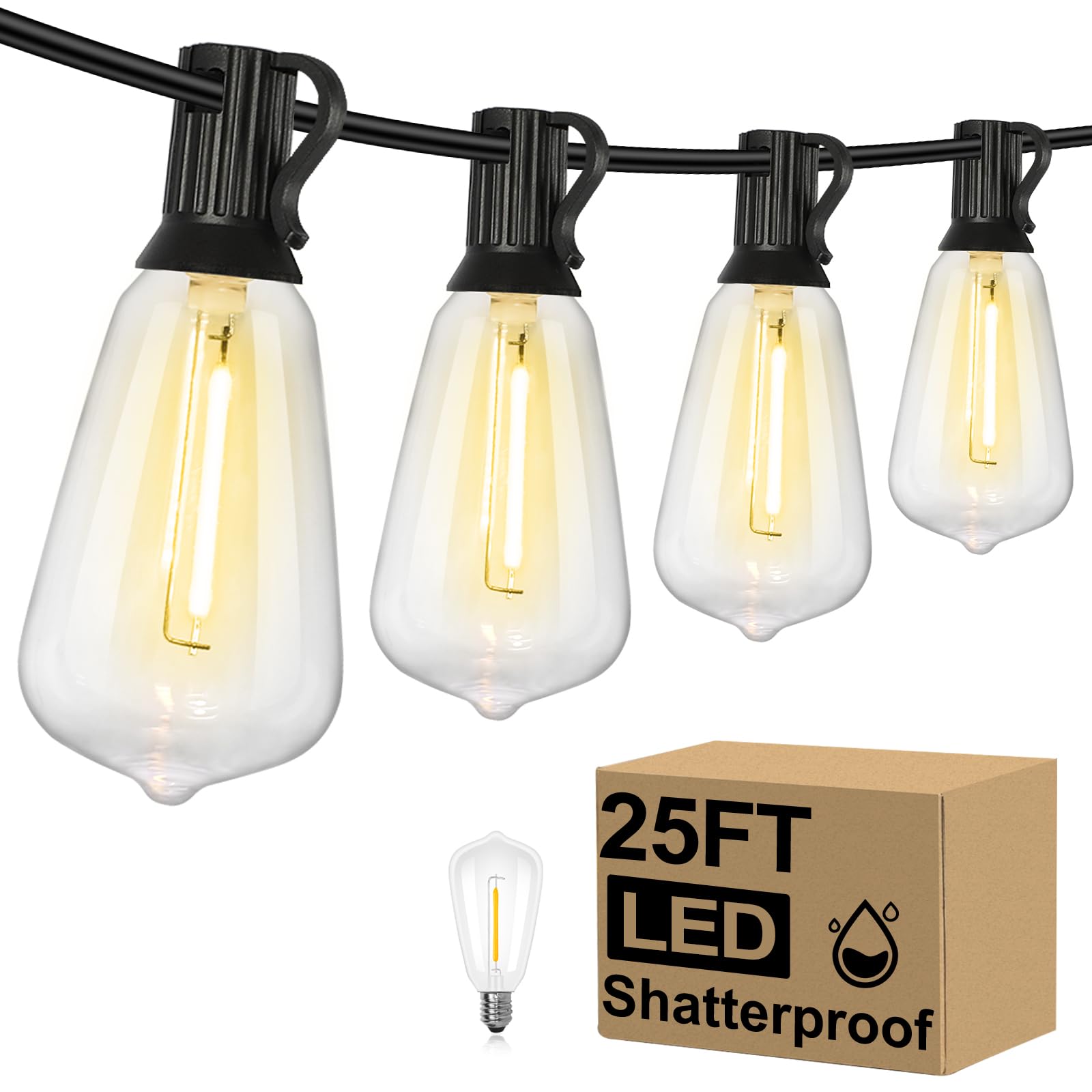 Brightever LED Outdoor String Lights 100FT Patio Lights with 52 Shatterproof ST38 Vintage Edison Bulbs, Outside Hanging Light Waterproof for Porch, Deck, Garden, Backyard, Balcony, 2700K Dimmable