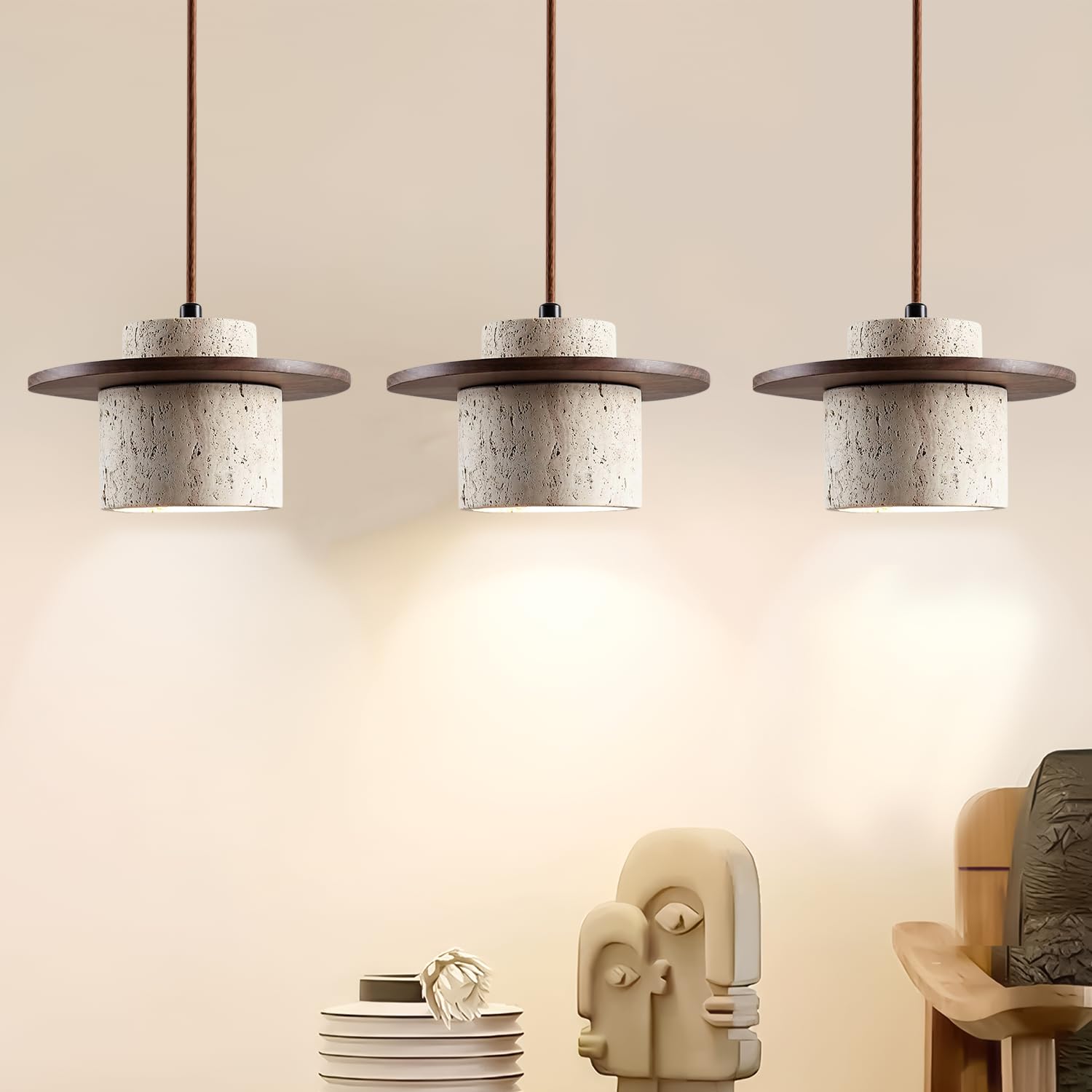 Japanese Wabi Sabi Pendant Light Nordic Natural Stone Chandeliers Concrete Simple Light Fixture for Dining Room Bedside Kitchen Island Hallway（Wood Color