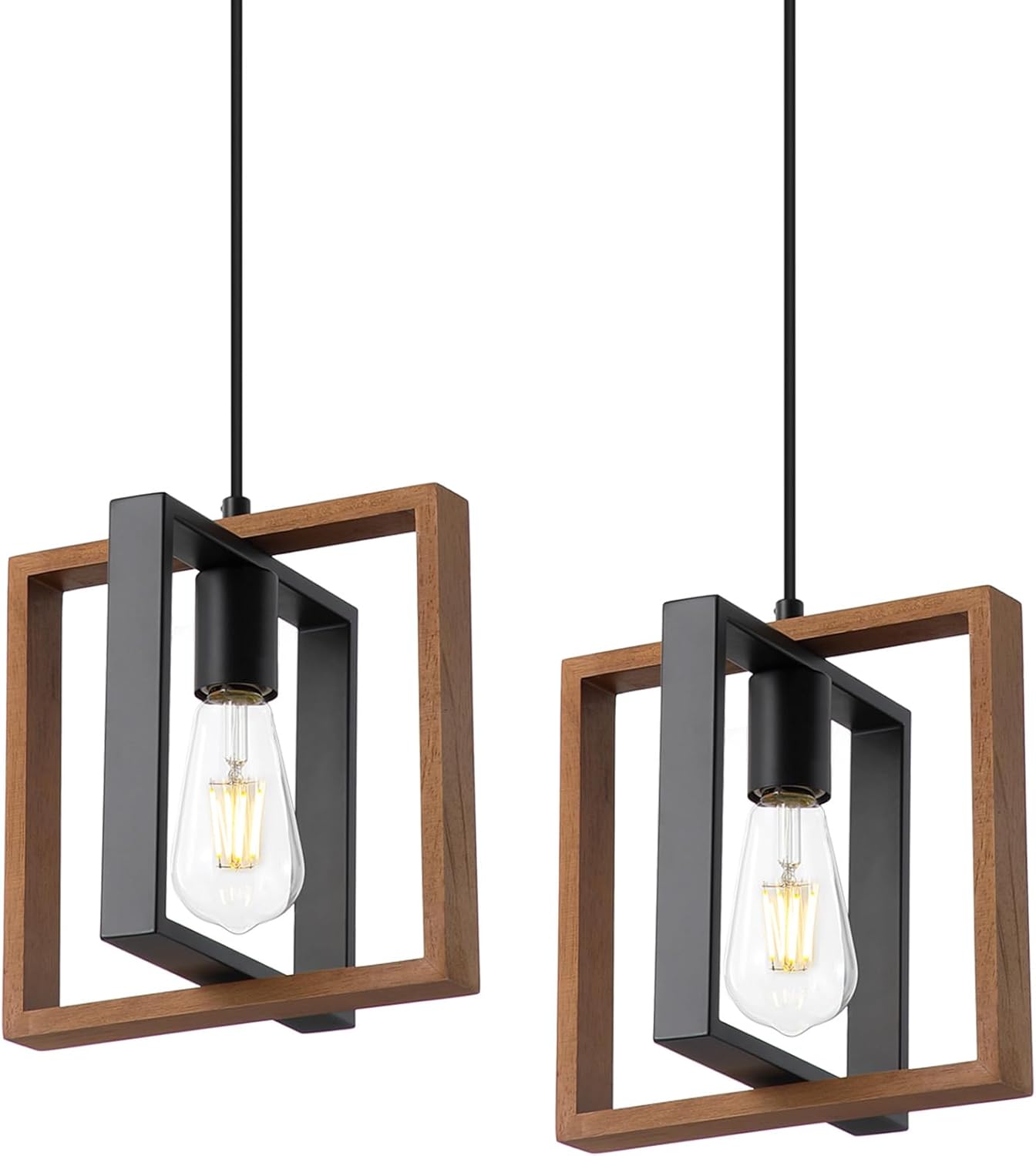 9MMML Wood Pendant Light Kitchen Island Set of 2, Farmhouse Hanging Lamp with 62'' Height Adjustable Cord, Small Ceiling Pendant Light Fixture for Dining Room, Entryway, Foyer(E26 Bulb Base)
