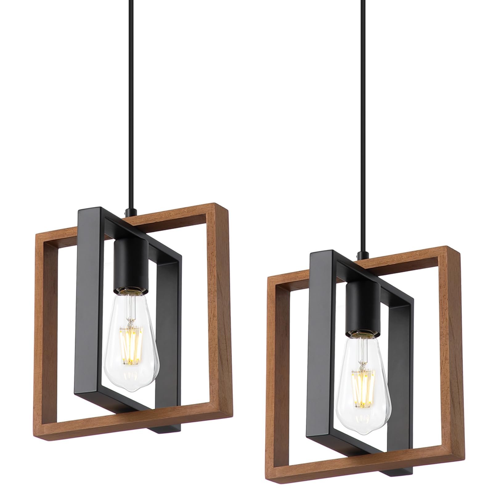 9MMML Wood Pendant Light Kitchen Island Set of 2, Farmhouse Hanging Lamp with 62'' Height Adjustable Cord, Small Ceiling Pendant Light Fixture for Dining Room, Entryway, Foyer(E26 Bulb Base)