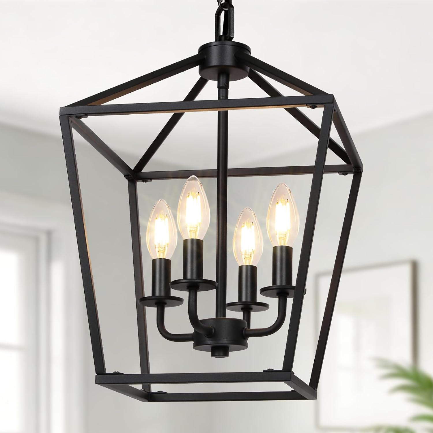 4 Light Chandelier, Industrial Ceiling Light Black Lantern Light Fixtures with Farmhouse Metal Cage Adjustable Height Rustic Geometric Hanging Light E12 Base for Kitchen Island, Entryway, Indoor