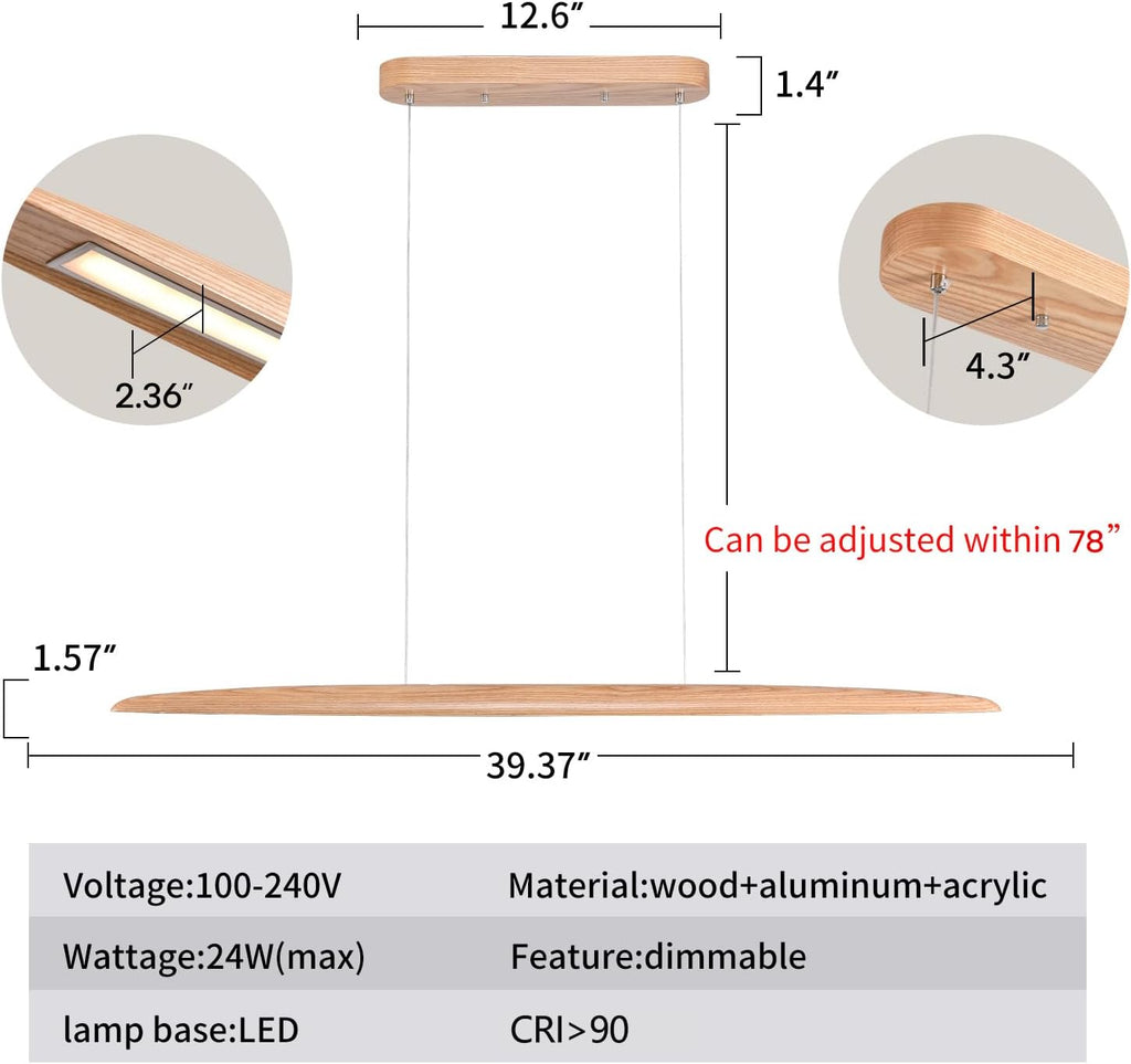 YISDESIGN 39" 24W Wood LED Linear Pendant Light Fixture Led Dining Room Light Dimmable Hanging Light Fixture for Dining Room Kitchen Island Pool Table Lights Natural Wood Color