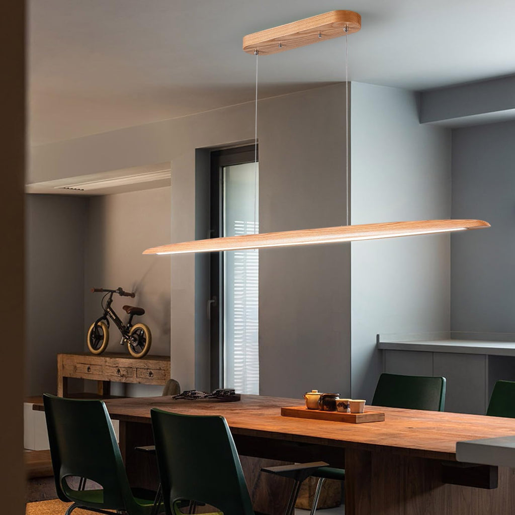 YISDESIGN 39" 24W Wood LED Linear Pendant Light Fixture Led Dining Room Light Dimmable Hanging Light Fixture for Dining Room Kitchen Island Pool Table Lights Natural Wood Color