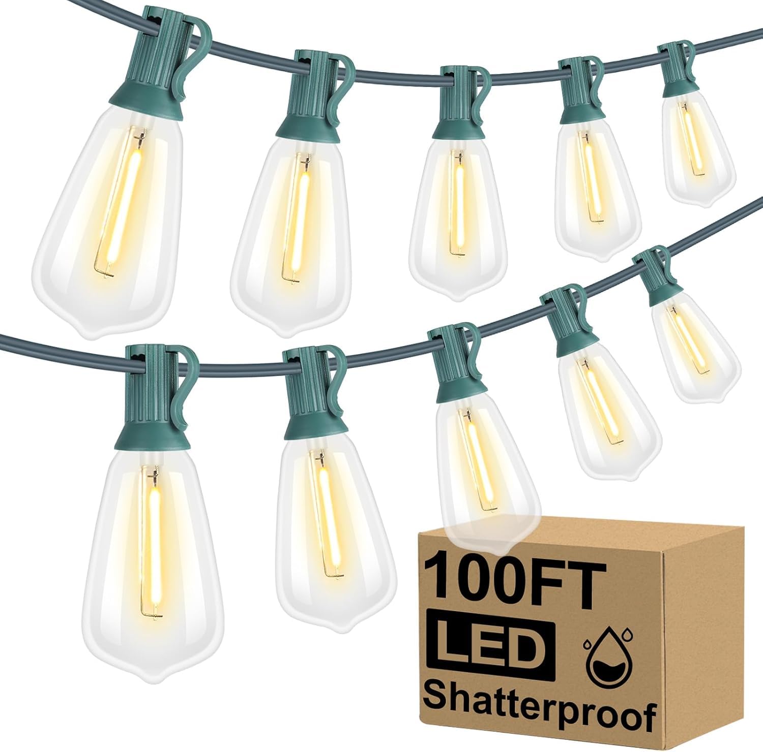Brightever LED Outdoor String Lights 100FT Patio Lights with 52 Shatterproof ST38 Vintage Edison Bulbs, Outside Hanging Light Waterproof for Porch, Deck, Garden, Backyard, Balcony, 2700K Dimmable
