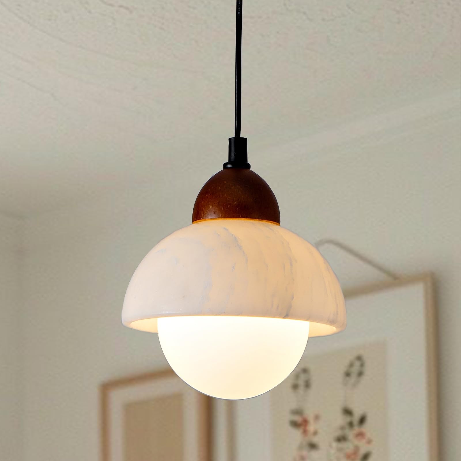 Japanese Wabi Sabi Pendant Light Nordic Natural Stone Chandeliers Concrete Simple Light Fixture for Dining Room Bedside Kitchen Island Hallway（Wood Color
