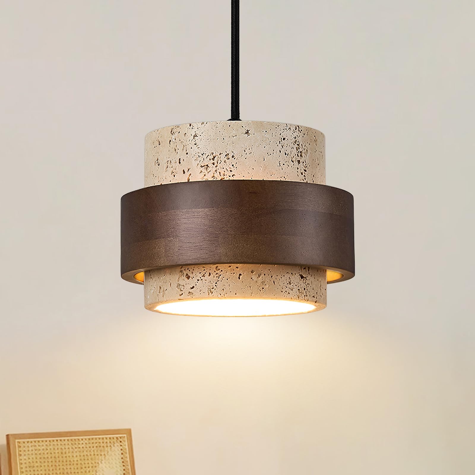 Japanese Wabi Sabi Pendant Light Nordic Natural Stone Chandeliers Concrete Simple Light Fixture for Dining Room Bedside Kitchen Island Hallway（Wood Color
