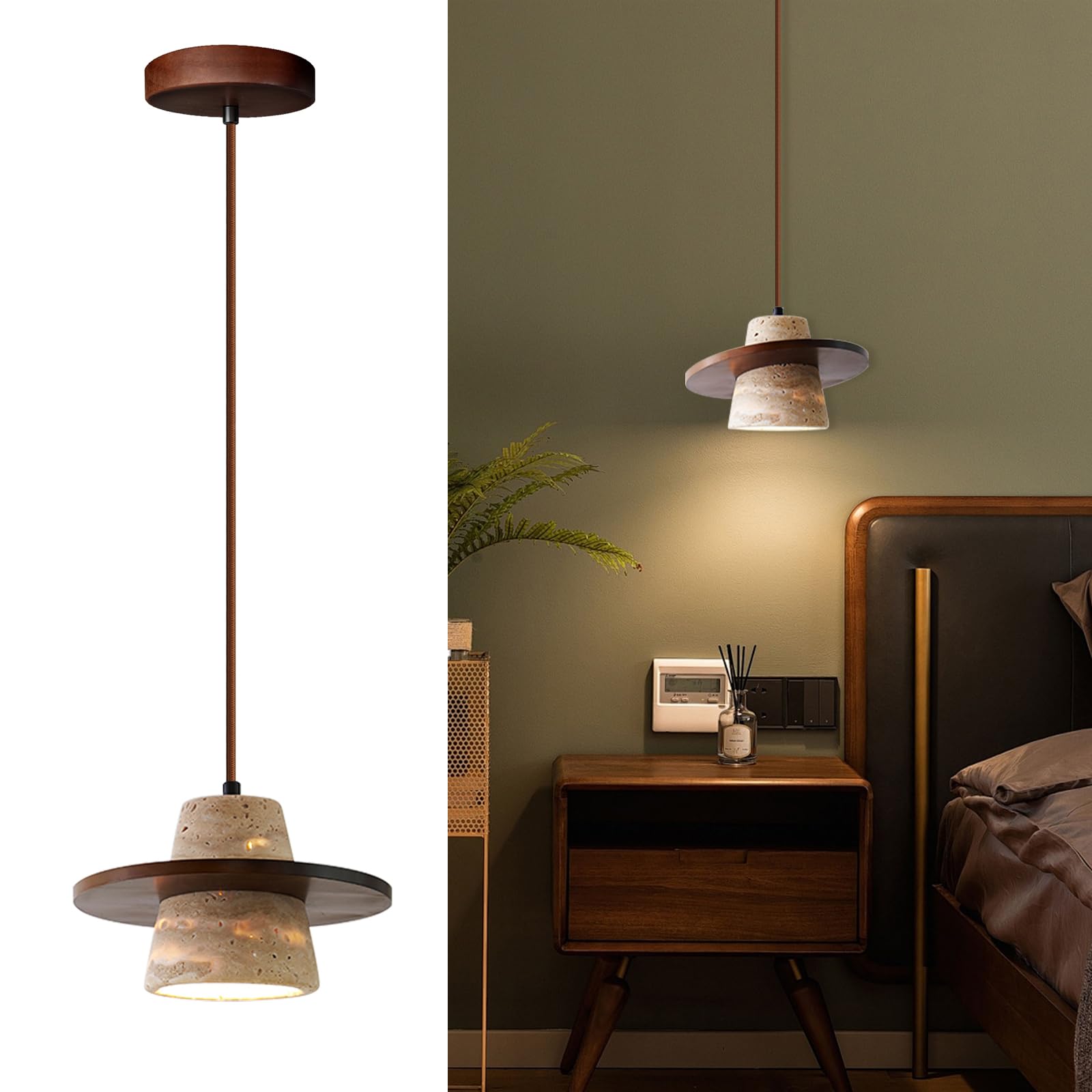 Japanese Wabi sabi Pendant Light with Natural Stone Shade, Dimmable Modern Wood Hanging Lamp Fixture, Adjustable Height Pendant Lamp for Bedroom, Kitchen Island, Dining Room, Restaurant, Cafe, Bar (B)