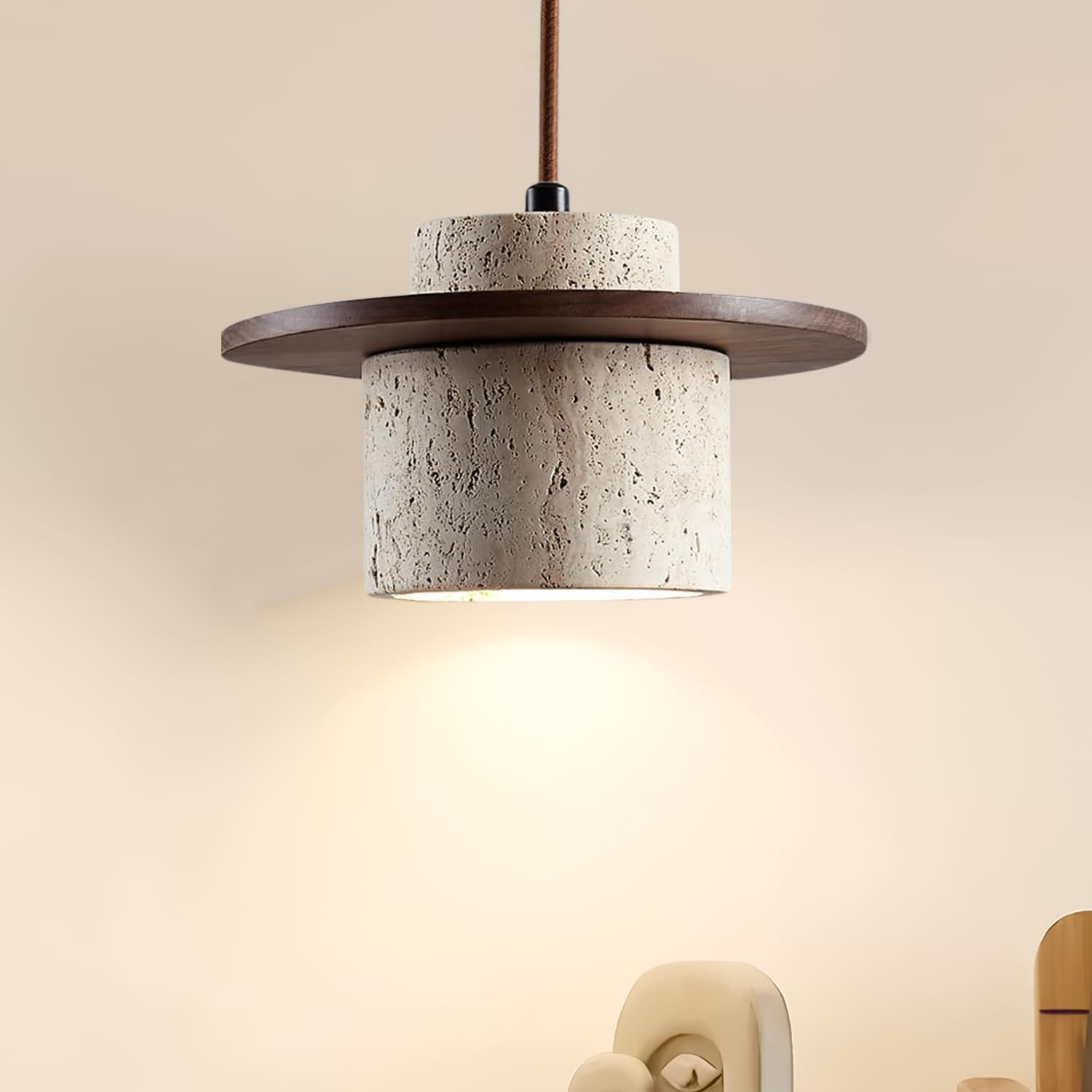 Japanese Wabi Sabi Pendant Light Nordic Natural Stone Chandeliers Concrete Simple Light Fixture for Dining Room Bedside Kitchen Island Hallway（Wood Color