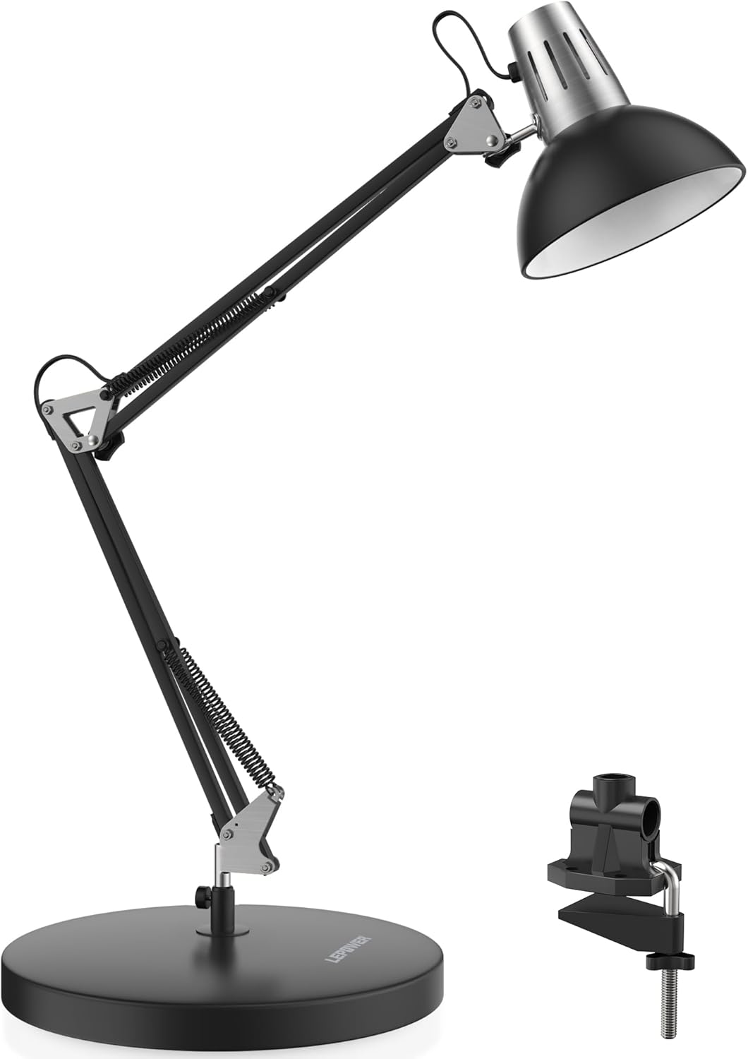 LEPOWER Metal Desk Lamp, Adjustable Goose Neck Architect Table Lamp with On/Off Switch, Swing Arm Desk Lamp with Clamp, Eye-Caring Reading Lamp for Bedroom, Study Room &Office (Black)