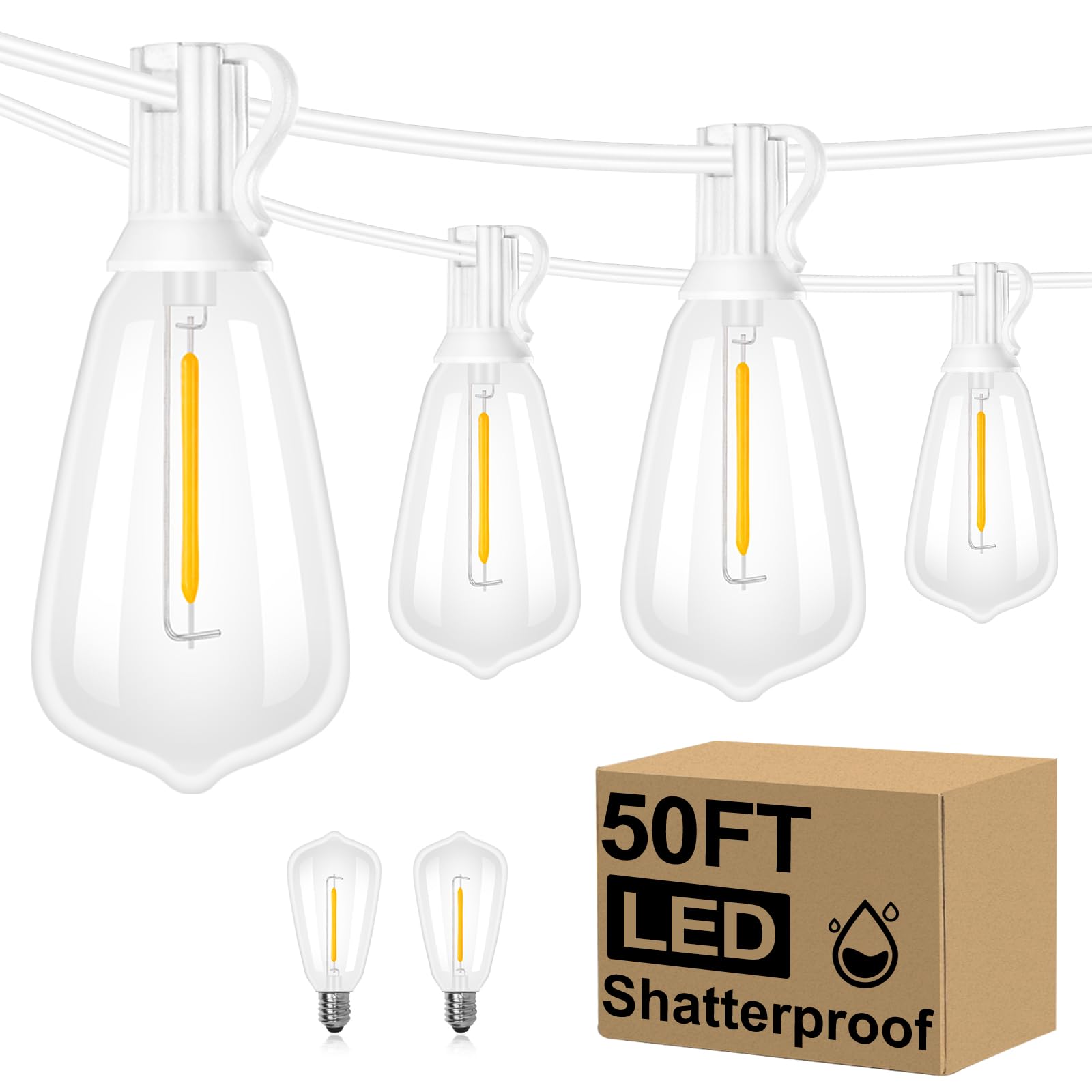 Brightever LED Outdoor String Lights 100FT Patio Lights with 52 Shatterproof ST38 Vintage Edison Bulbs, Outside Hanging Light Waterproof for Porch, Deck, Garden, Backyard, Balcony, 2700K Dimmable