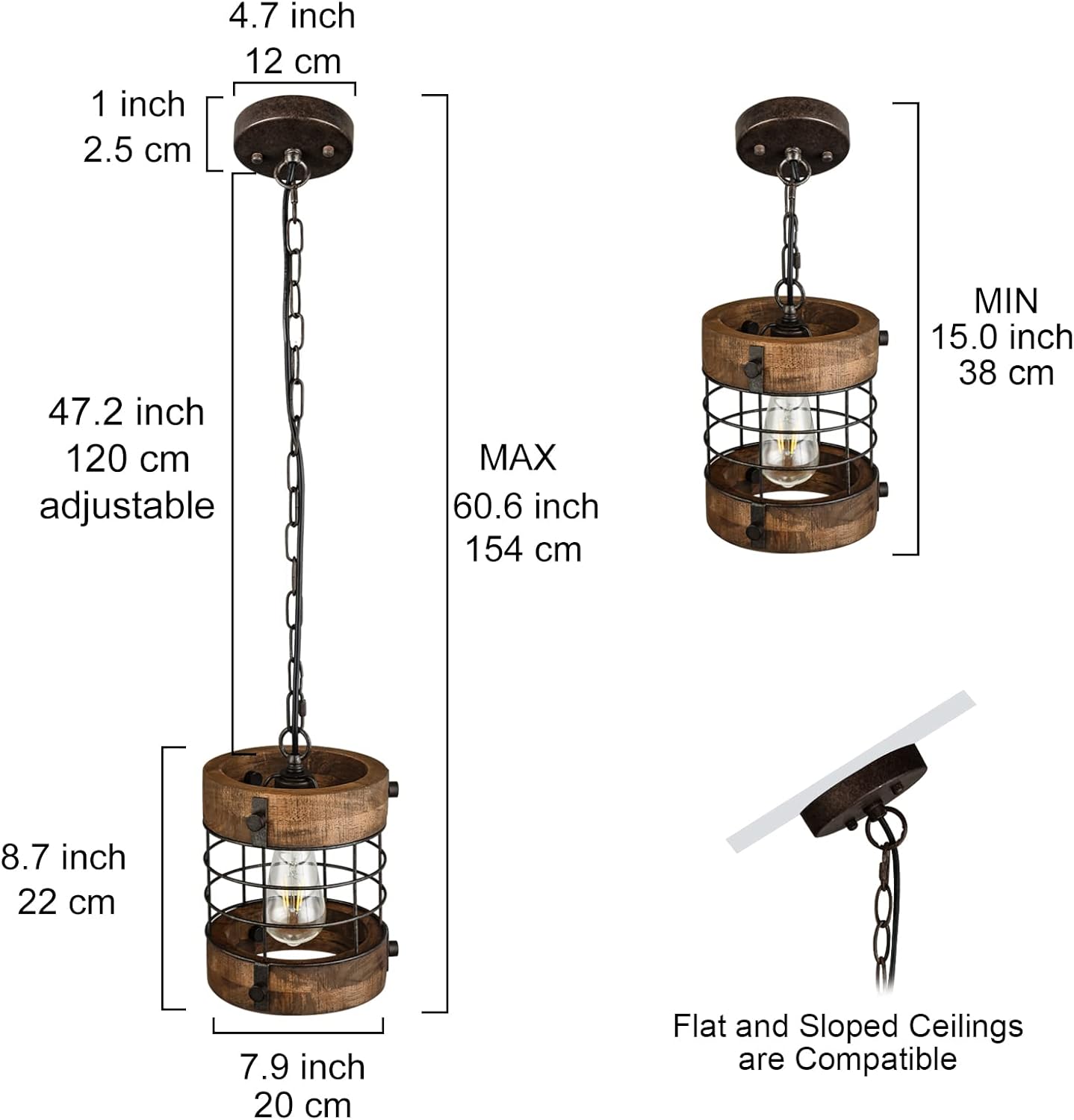 Retro Industrial Metal and Wood Chandelier 1-Light Round Cage Pendant Light Fixture for Kitchen Island Foyer Hallway Bar Dining Room Restaurant, D 7.9" x H 8.7" (Brown)