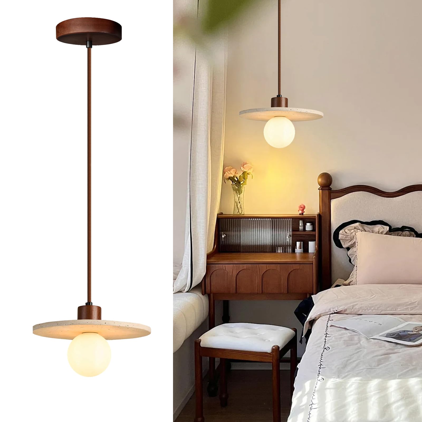Japanese Wabi sabi Pendant Light with Natural Stone Shade, Dimmable Modern Wood Hanging Lamp Fixture, Adjustable Height Pendant Lamp for Bedroom, Kitchen Island, Dining Room, Restaurant, Cafe, Bar (B)