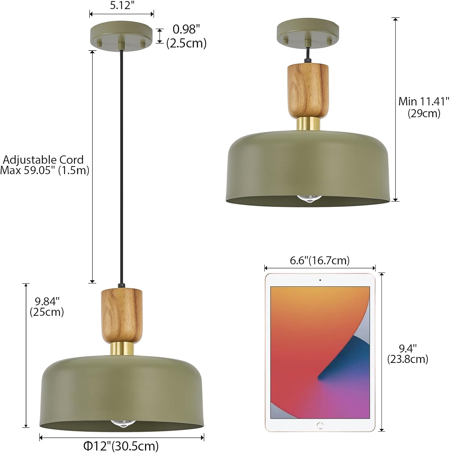 Contemporary Pendant Lighting,12 inch Pendant Lamp,Wood and Brass Accent,Adjustable Metal Hanging Light Fixture for Kitchen, Dining Room, Green