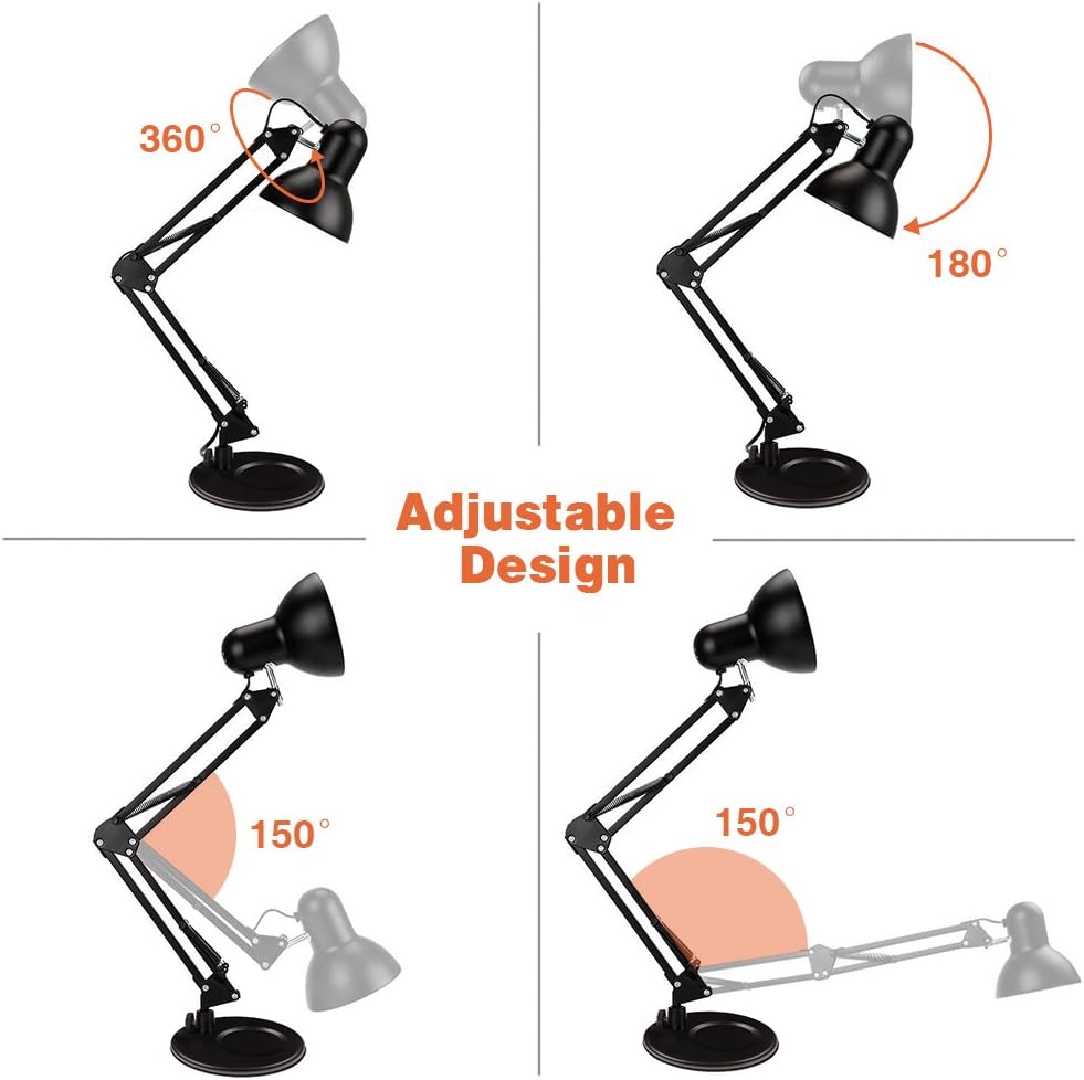 PowerKing Metal Swing Arm Desk Lamps, Adjustable and Flexible, Feading with Base and Clip 2-in-1 Function, Fit E26&E27 Bulbs Base, Application in Bedroom Living Room, Office Home (Black)
