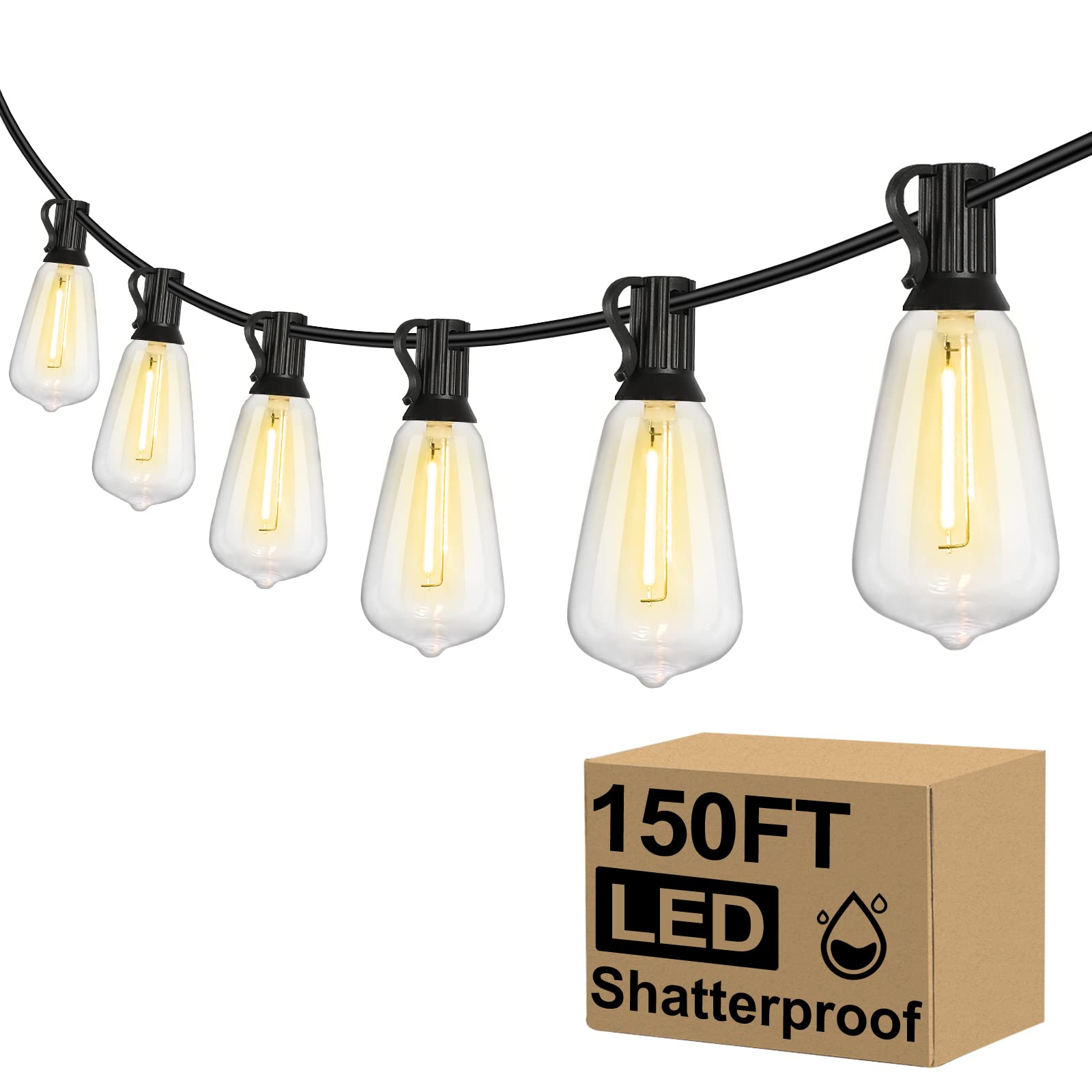 Brightever LED Outdoor String Lights 100FT Patio Lights with 52 Shatterproof ST38 Vintage Edison Bulbs, Outside Hanging Light Waterproof for Porch, Deck, Garden, Backyard, Balcony, 2700K Dimmable