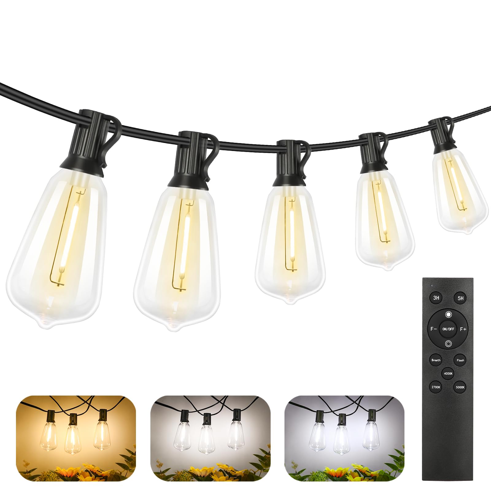 Brightever LED Outdoor String Lights 100FT Patio Lights with 52 Shatterproof ST38 Vintage Edison Bulbs, Outside Hanging Light Waterproof for Porch, Deck, Garden, Backyard, Balcony, 2700K Dimmable