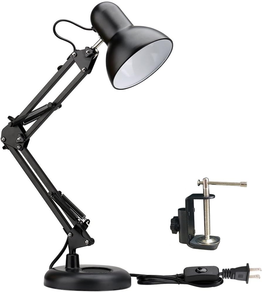 PowerKing Metal Swing Arm Desk Lamps, Adjustable and Flexible, Feading with Base and Clip 2-in-1 Function, Fit E26&E27 Bulbs Base, Application in Bedroom Living Room, Office Home (Black)