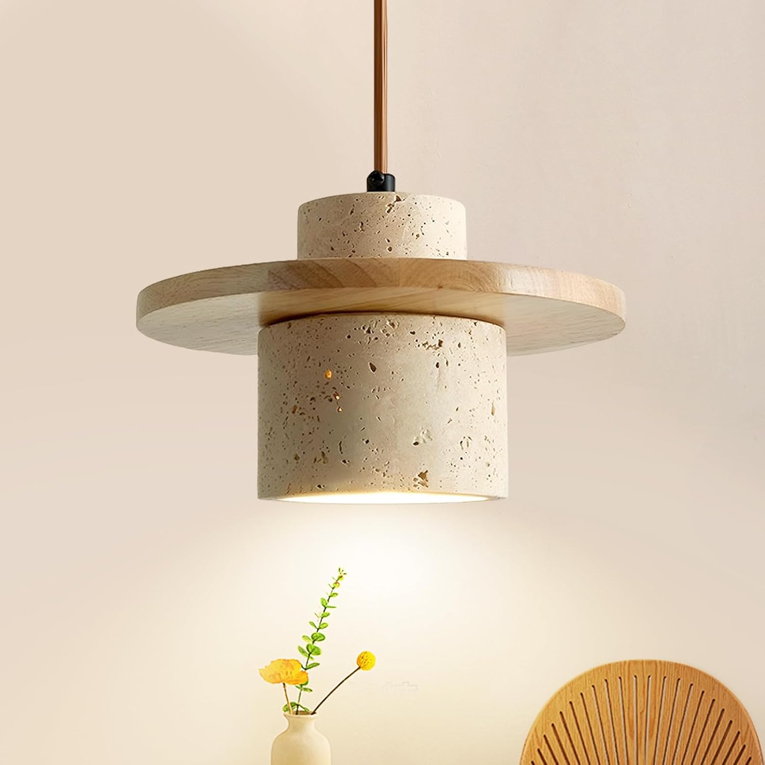 Japanese Wabi Sabi Pendant Light Nordic Natural Stone Chandeliers Concrete Simple Light Fixture for Dining Room Bedside Kitchen Island Hallway（Wood Color