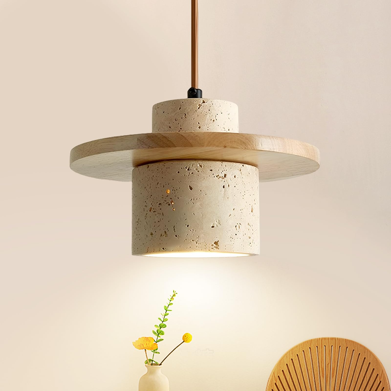 Japanese Wabi Sabi Pendant Light Nordic Natural Stone Chandeliers Concrete Simple Light Fixture for Dining Room Bedside Kitchen Island Hallway（Wood Color