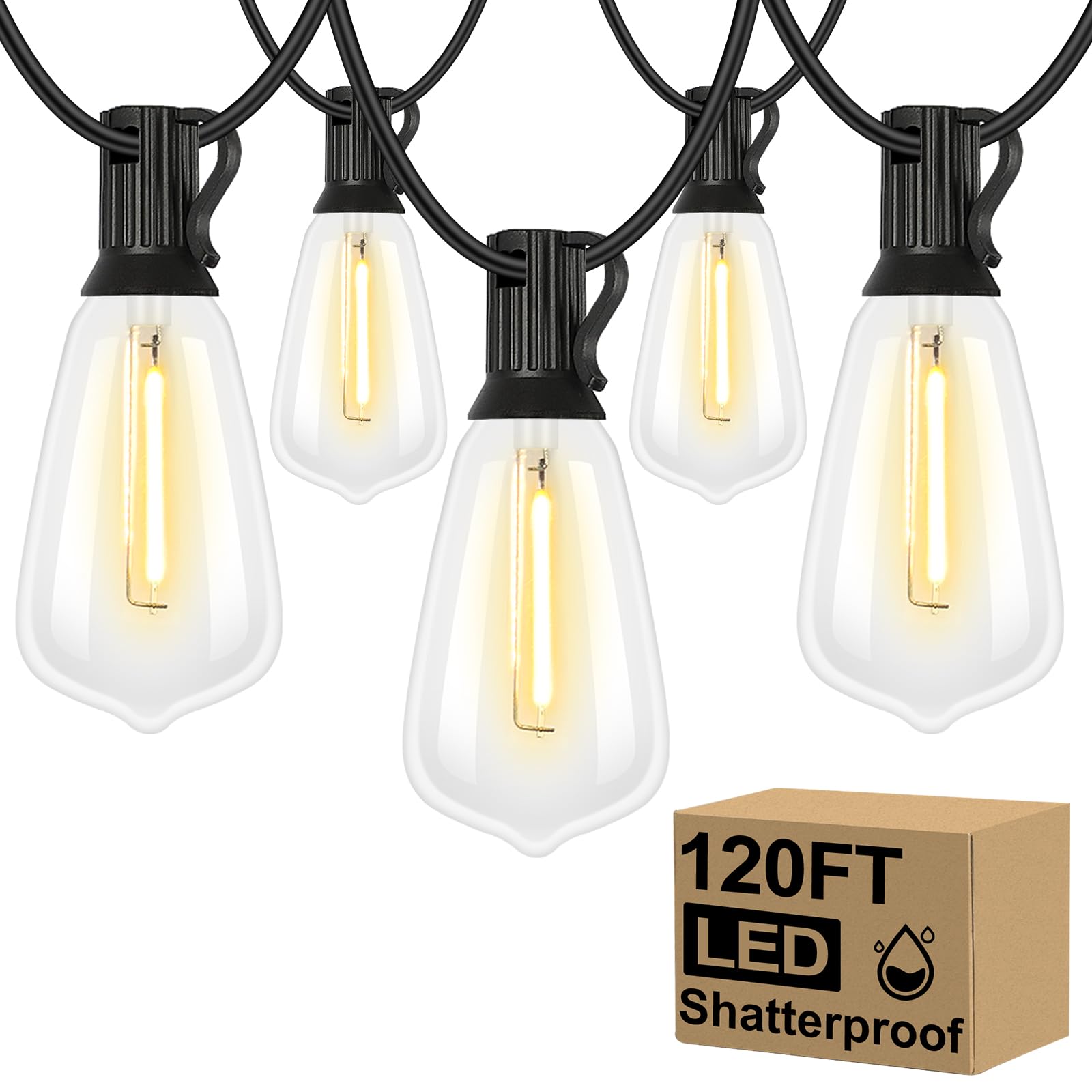 Brightever LED Outdoor String Lights 100FT Patio Lights with 52 Shatterproof ST38 Vintage Edison Bulbs, Outside Hanging Light Waterproof for Porch, Deck, Garden, Backyard, Balcony, 2700K Dimmable