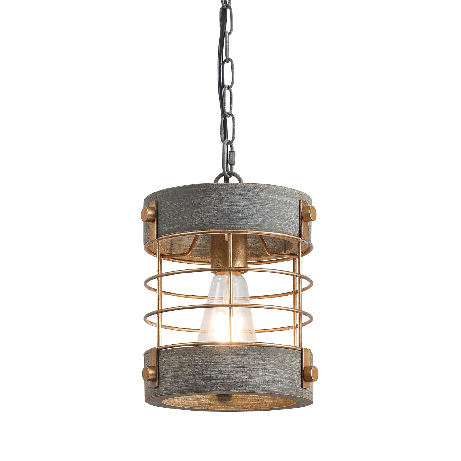 Retro Industrial Metal and Wood Chandelier 1-Light Round Cage Pendant Light Fixture for Kitchen Island Foyer Hallway Bar Dining Room Restaurant, D 7.9" x H 8.7" (Brown)