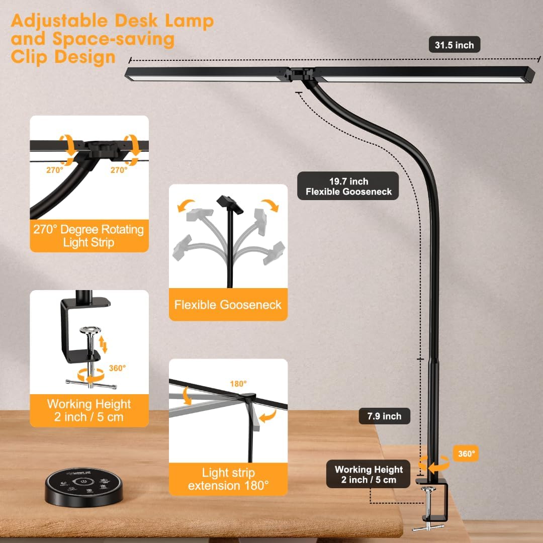 Pzloz Led Desk Lamp for Office Home - Eye Caring Architect lamp with Clamp,Dual Screen Computer Monitor Work Smart Light: 24W 5 Color Flexible Adjustable Lighting Table Lamp for Study Drafting