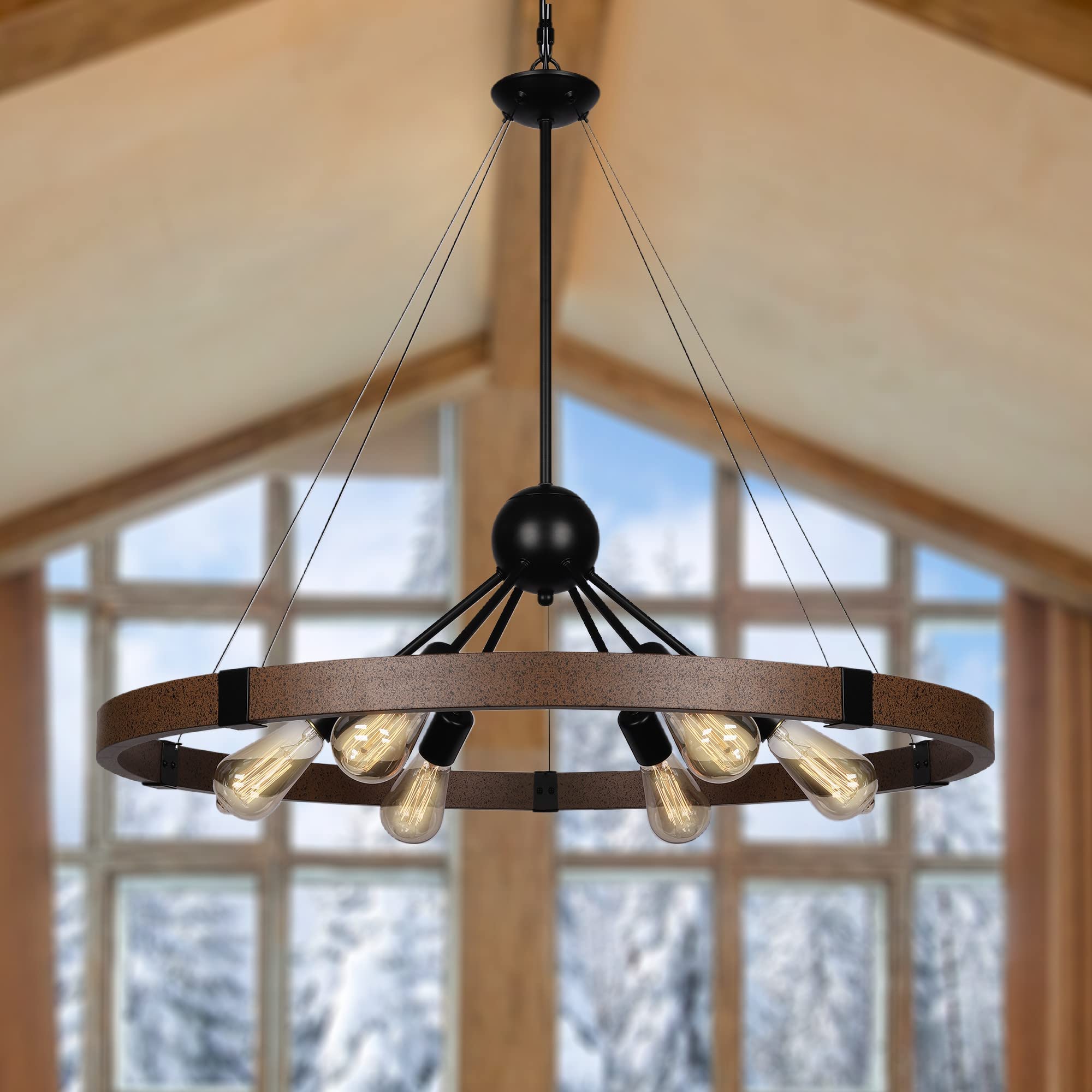 Klgxnrd 38.2'' Large Farmhouse Wagon Wheel Chandelier for Living Room, 8-Light Rustic Round Metal Light Fixtures for Dining Room Entryway Kitchen Island, Vintage Rust and Black Finishes