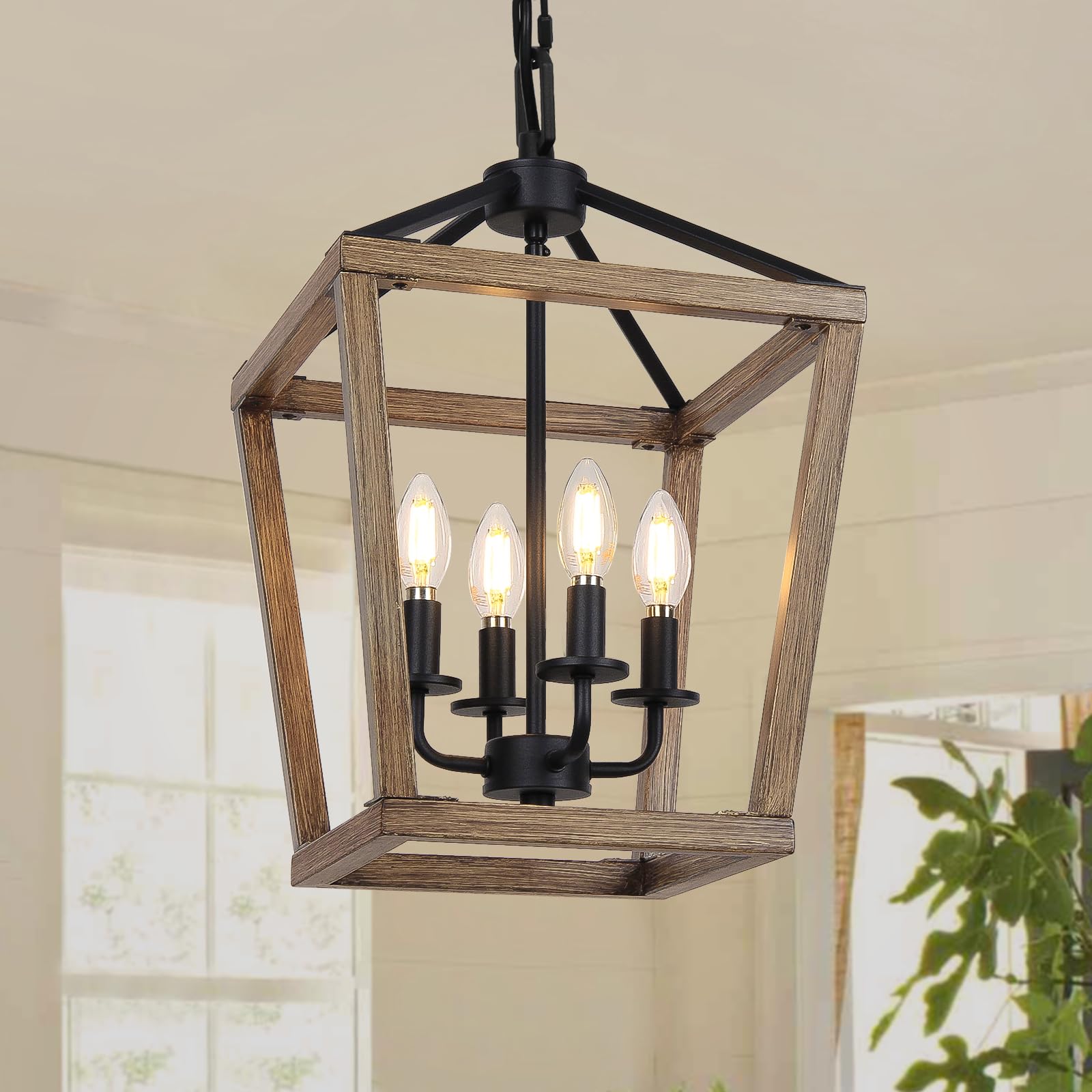 4 Light Chandelier, Industrial Ceiling Light Black Lantern Light Fixtures with Farmhouse Metal Cage Adjustable Height Rustic Geometric Hanging Light E12 Base for Kitchen Island, Entryway, Indoor