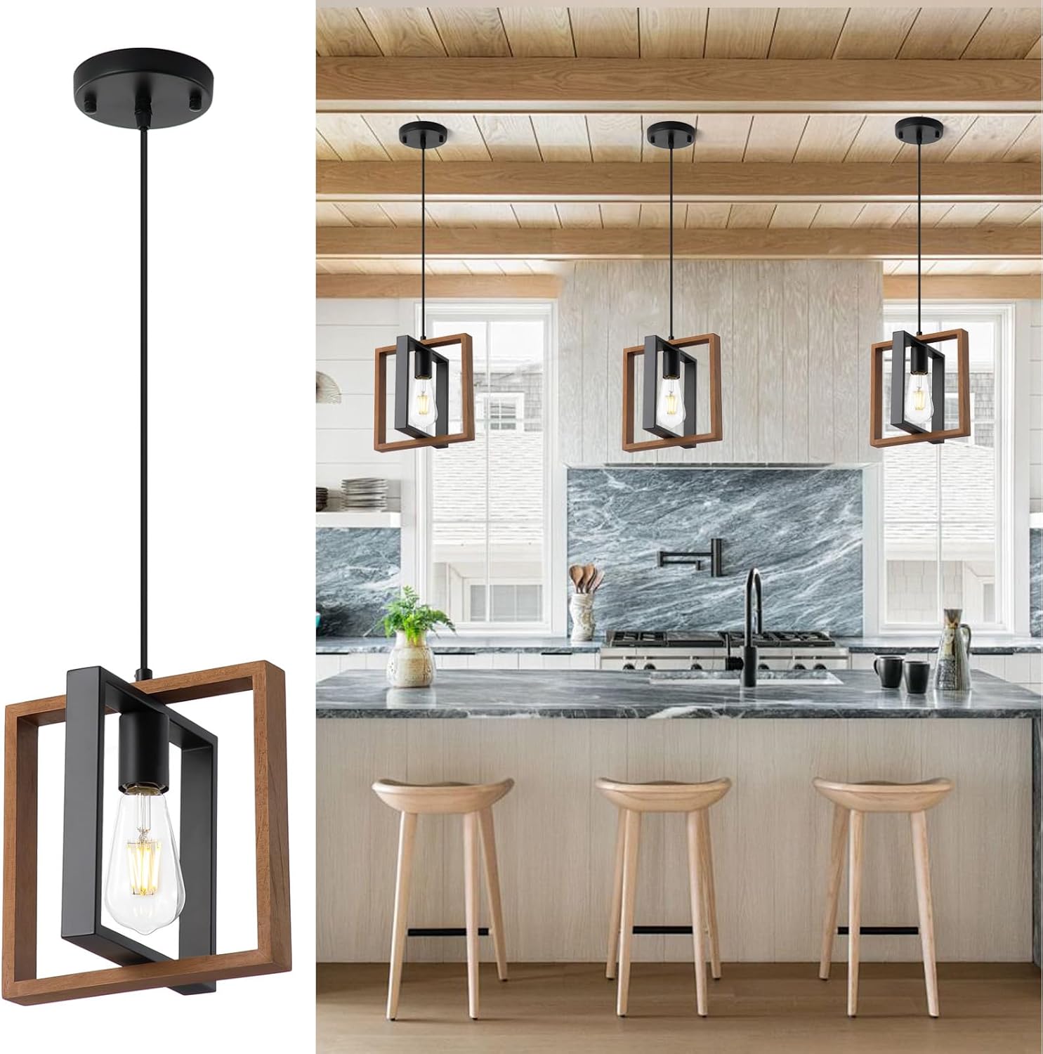 9MMML Wood Pendant Light Kitchen Island Set of 2, Farmhouse Hanging Lamp with 62'' Height Adjustable Cord, Small Ceiling Pendant Light Fixture for Dining Room, Entryway, Foyer(E26 Bulb Base)