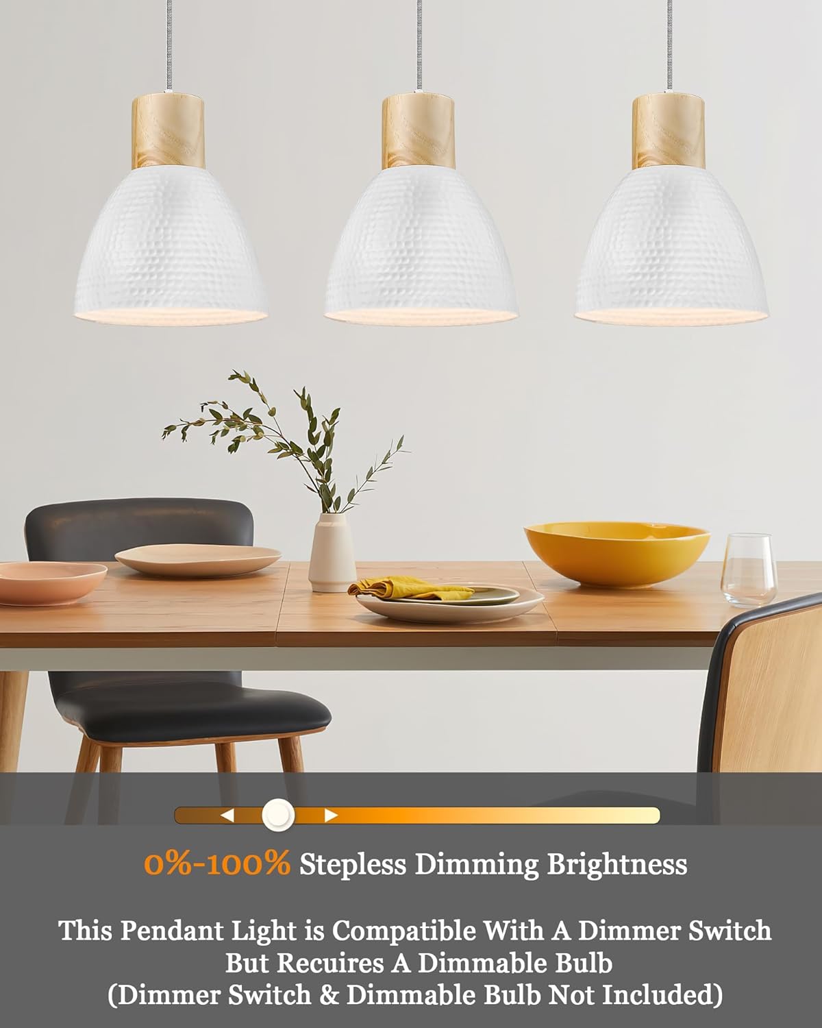 ELYONA 10.2” Hammered Pendant Light Fixtures, Metal & Rubber Wood Island Hanging Lamp, Adjustable Height, Modern Pendant Lighting for Kitchen,Farmhouse Bar,Dining Room,Bedroom, Nordic White