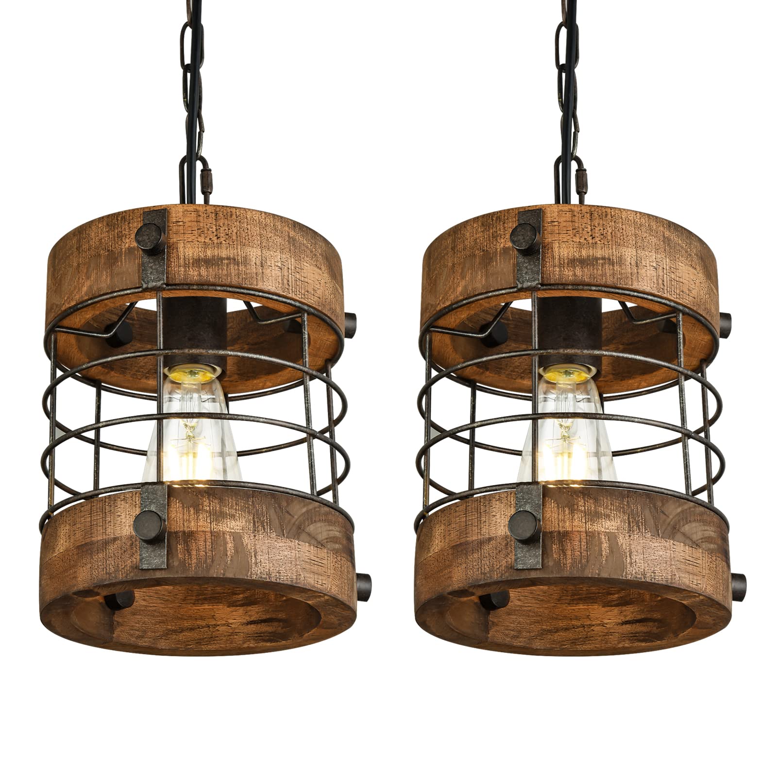 Retro Industrial Metal and Wood Chandelier 1-Light Round Cage Pendant Light Fixture for Kitchen Island Foyer Hallway Bar Dining Room Restaurant, D 7.9" x H 8.7" (Brown)