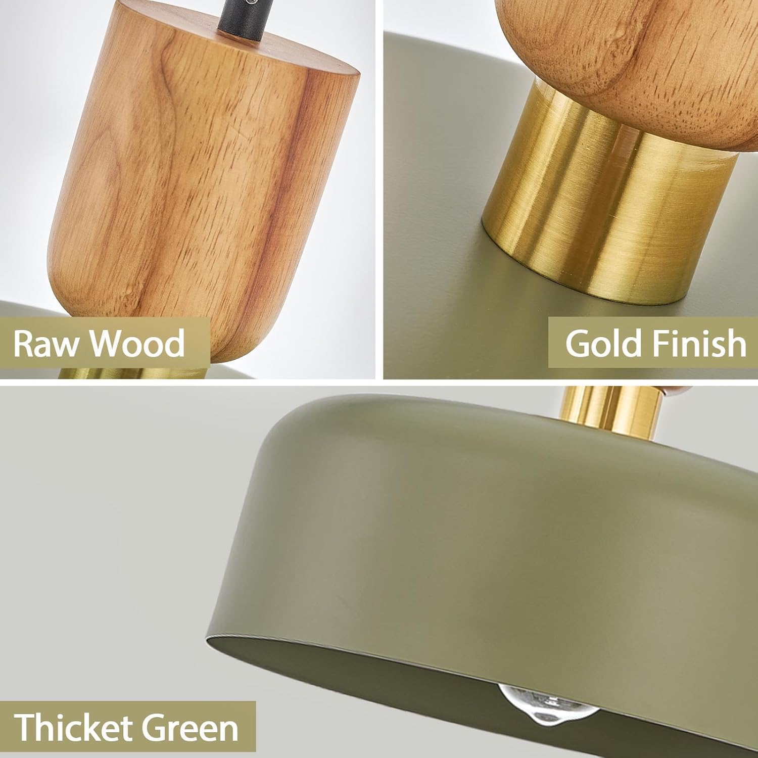 Contemporary Pendant Lighting,12 inch Pendant Lamp,Wood and Brass Accent,Adjustable Metal Hanging Light Fixture for Kitchen, Dining Room, Green