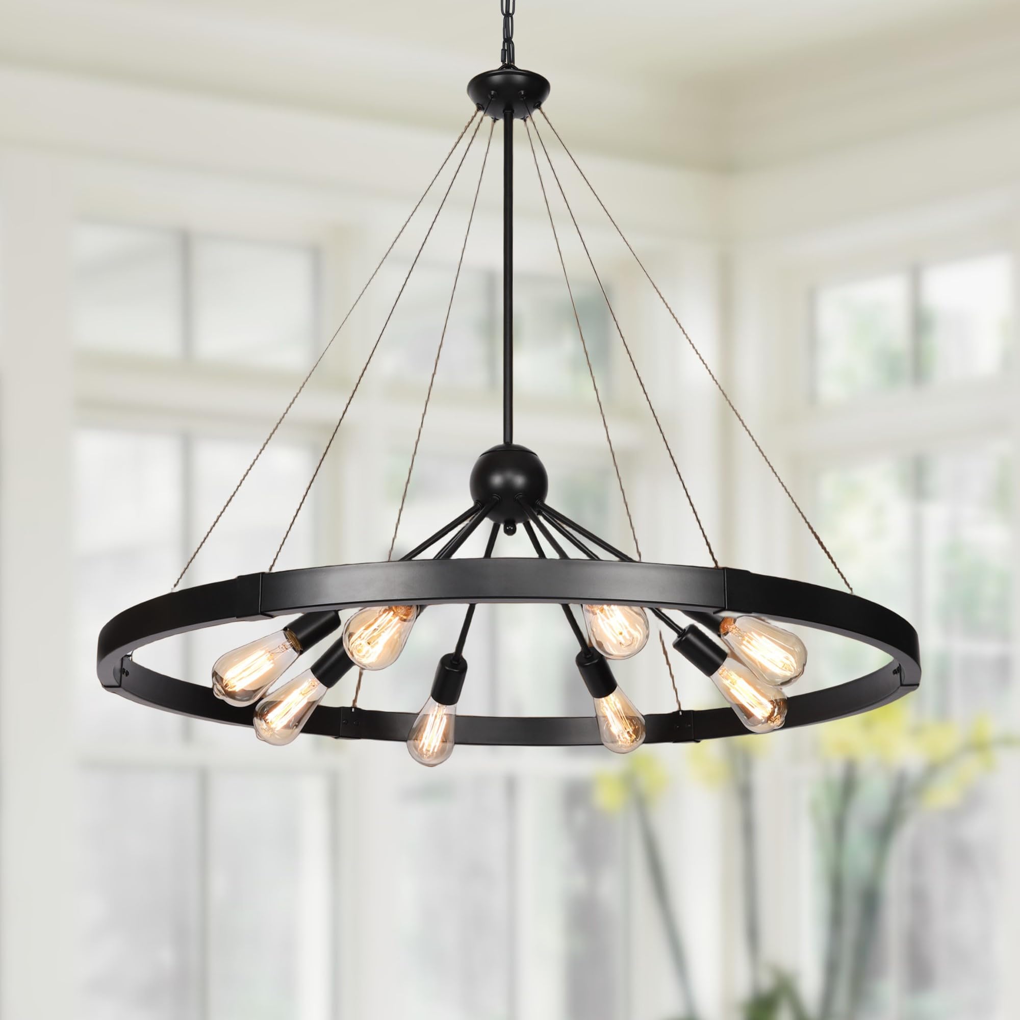 Klgxnrd 38.2'' Large Farmhouse Wagon Wheel Chandelier for Living Room, 8-Light Rustic Round Metal Light Fixtures for Dining Room Entryway Kitchen Island, Vintage Rust and Black Finishes