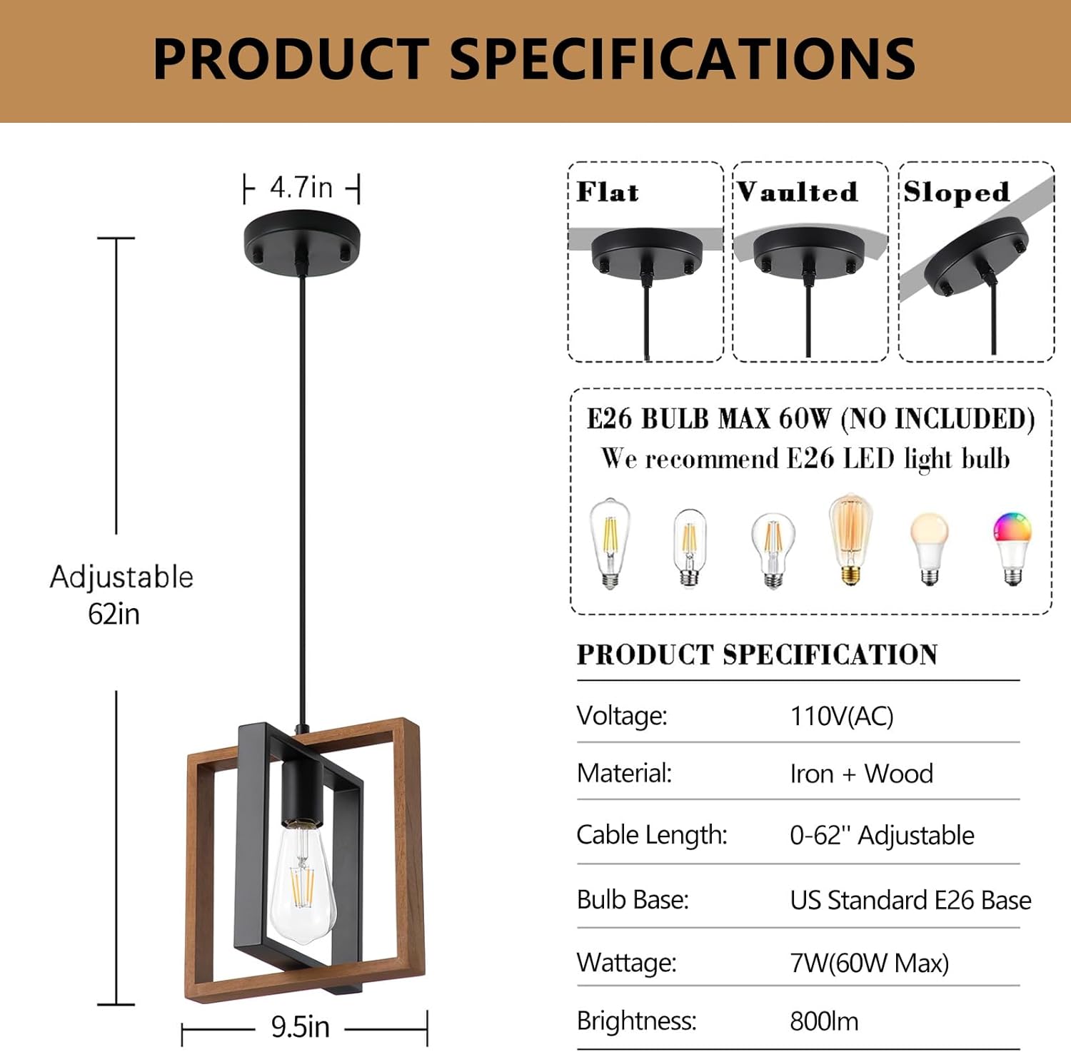 9MMML Wood Pendant Light Kitchen Island Set of 2, Farmhouse Hanging Lamp with 62'' Height Adjustable Cord, Small Ceiling Pendant Light Fixture for Dining Room, Entryway, Foyer(E26 Bulb Base)